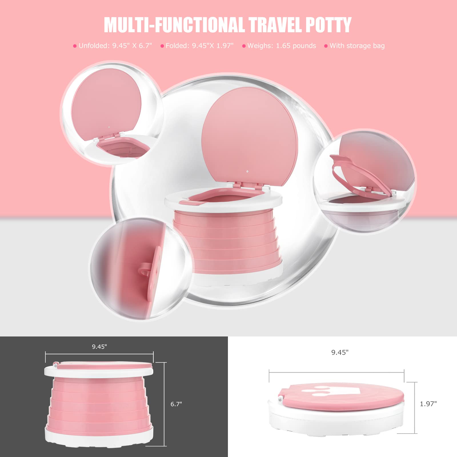 Visator foldable potty seat compact pink for travel storage.