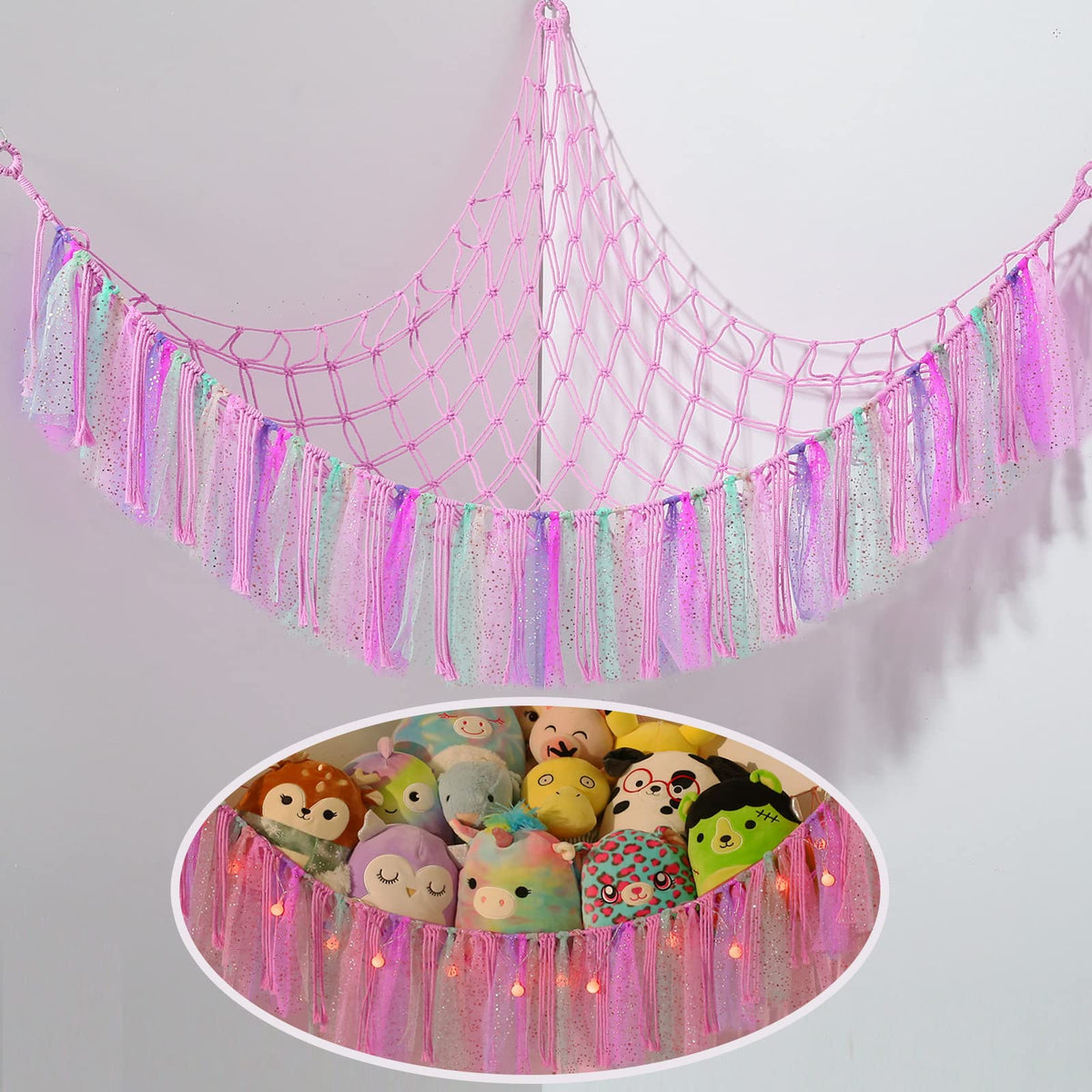 VISATOR stuffed animal hammock in boho macrame with LED light for cozy display