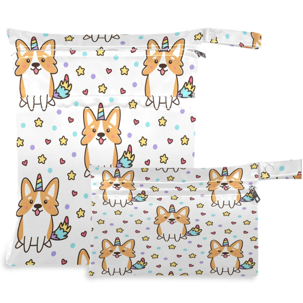 Visesunny corgi unicorn wet bag large open showing dual pockets for on-the-go wet and dry items.