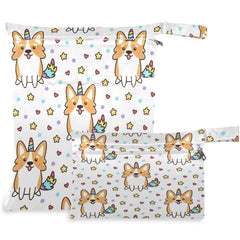 Visesunny corgi unicorn wet bag large open showing dual pockets for on-the-go wet and dry items.