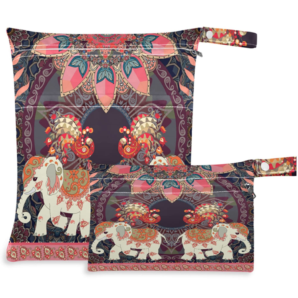 Visesunny Exotic Elephant Peacock Mandala Wet Bag large keeps diapers dry and odors contained on the go.