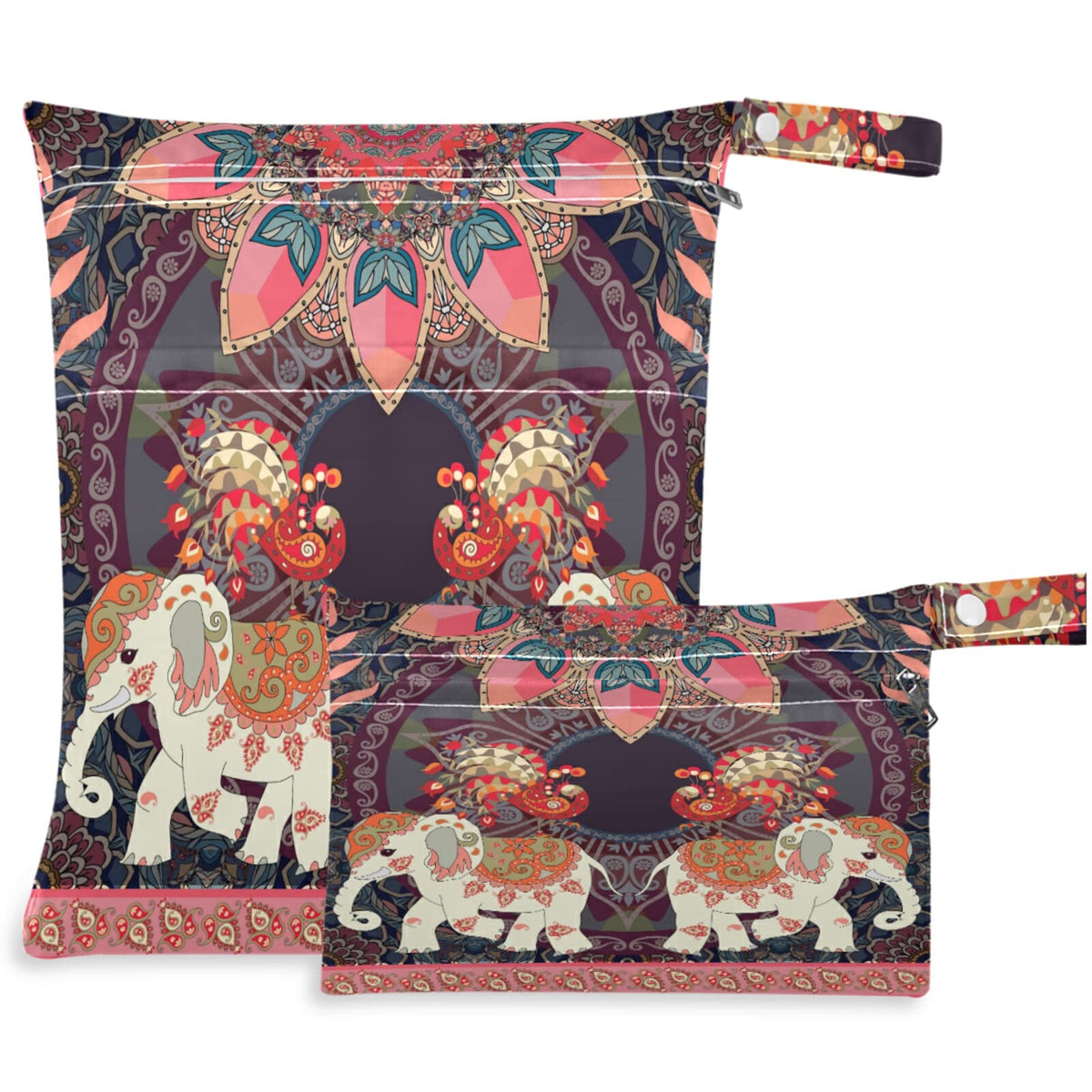 Visesunny Exotic Elephant Peacock Mandala Wet Bag large keeps diapers dry and odors contained on the go.