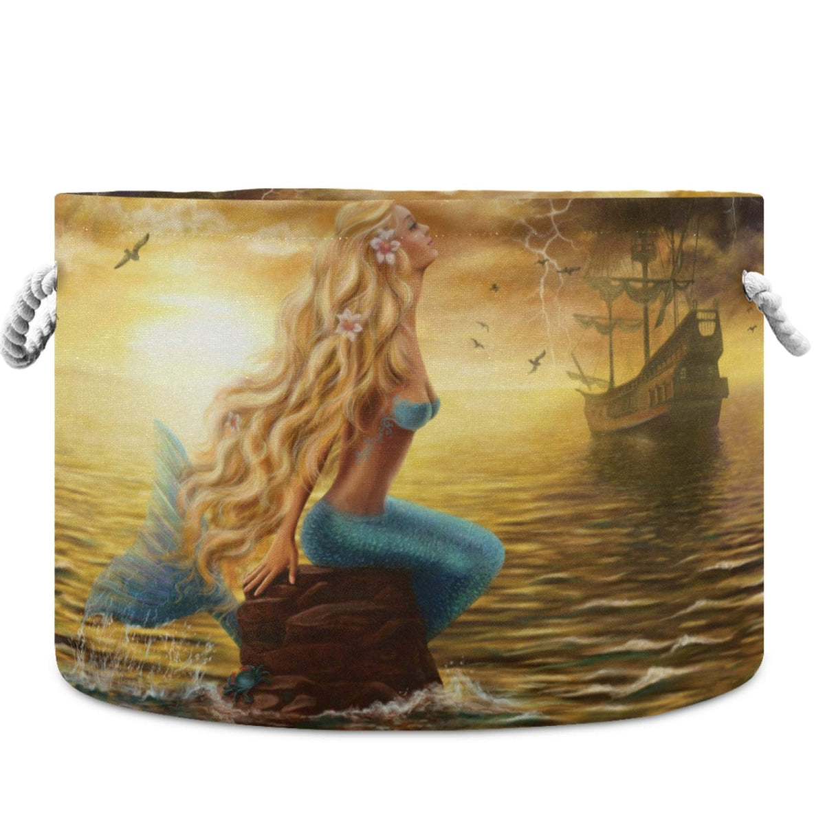Visesunny mermaid with golden hair laundry basket, ideal for blankets and toys.