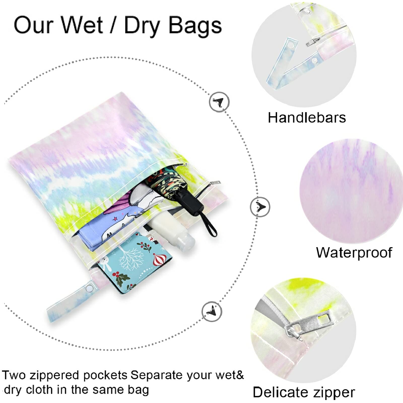 Visesunny Rainbow Ink Wet Bag attached to stroller showcases travel-friendly clip.
