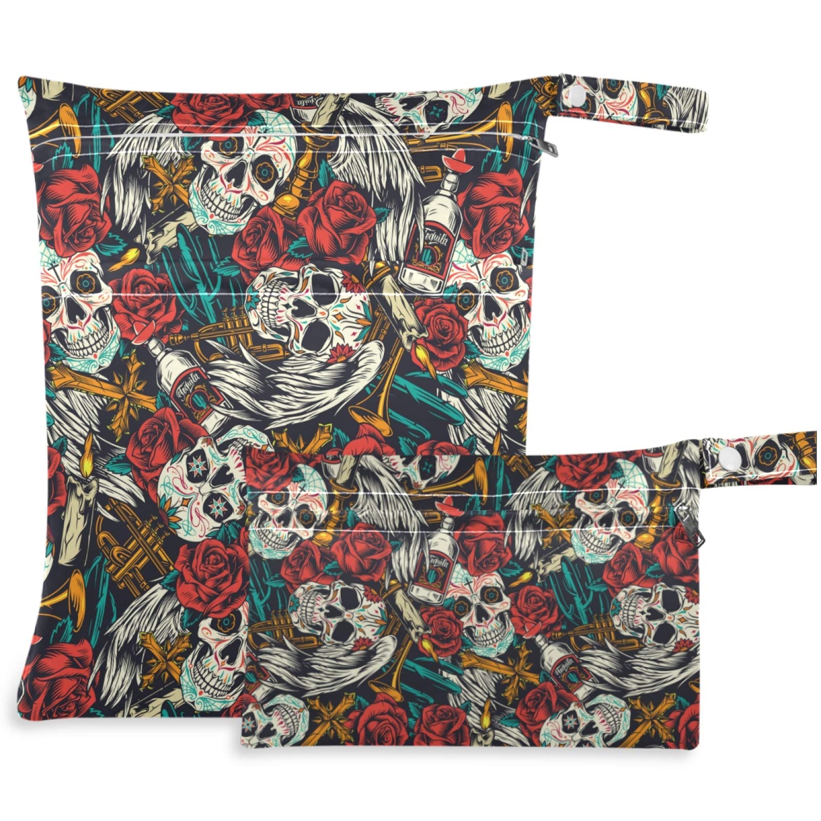 Visesunny Sugar Skull Red Rose wet bag with large pockets for dry and wet items
