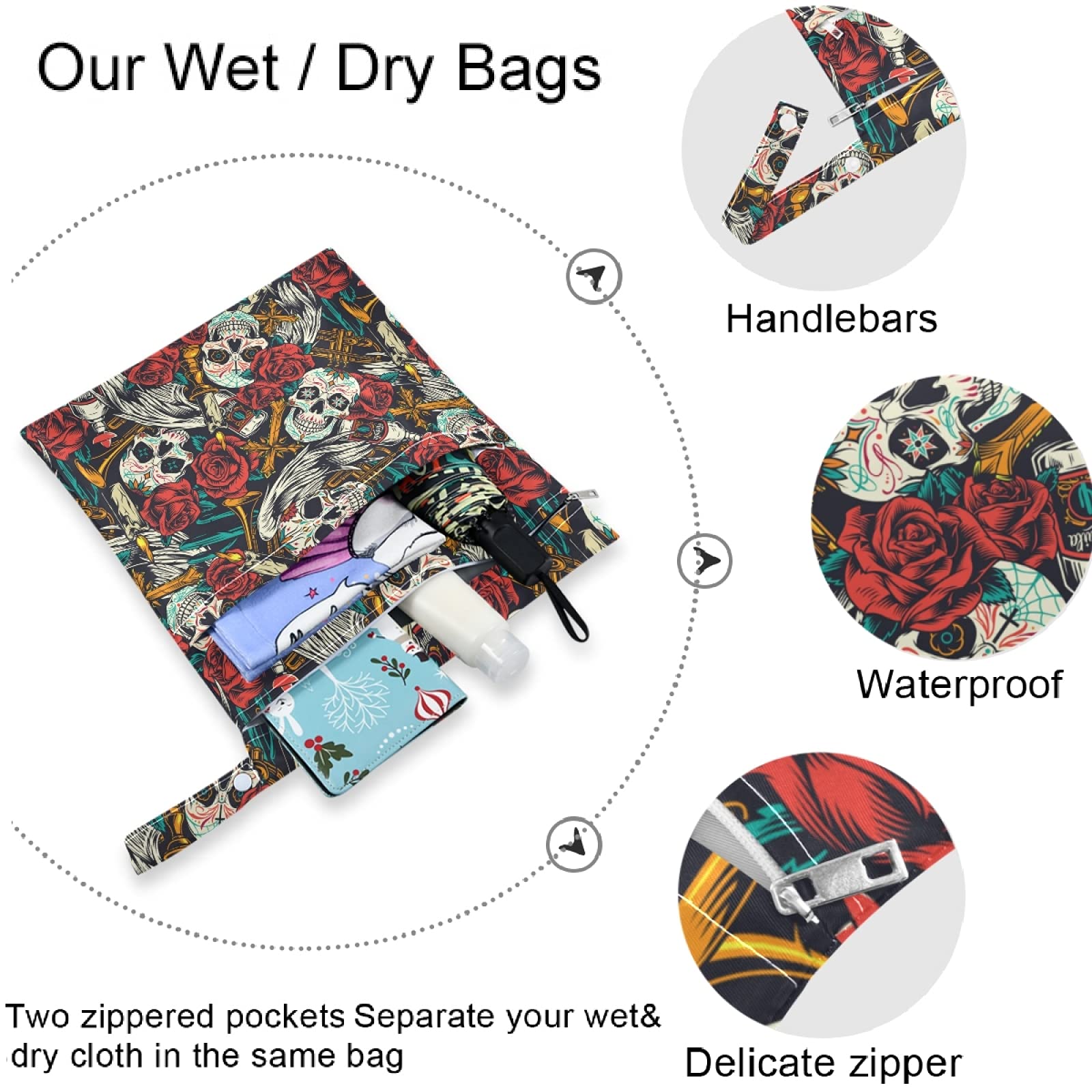 Visesunny Sugar Skull Red Rose wet bag compact small pocket for toiletries