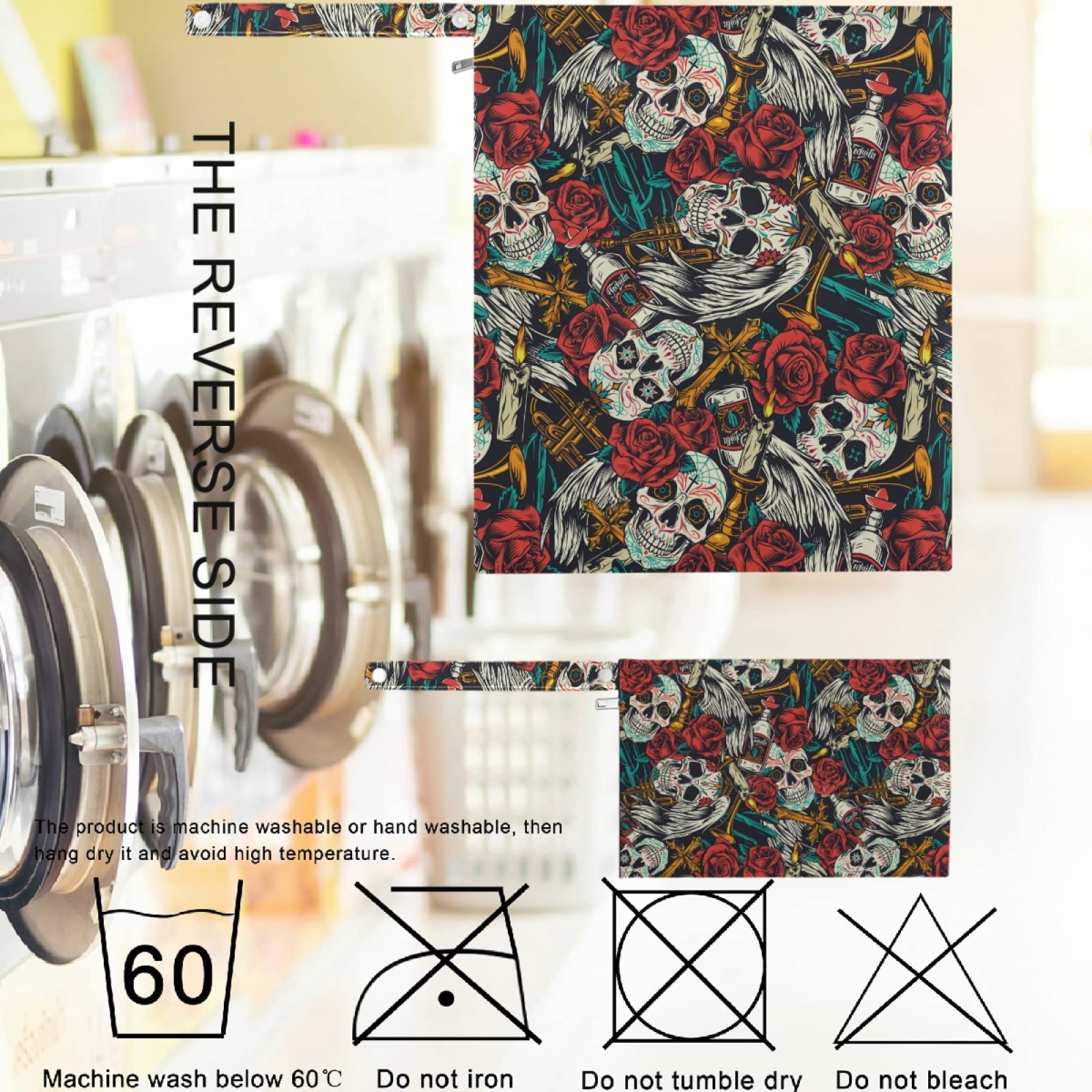 Visesunny Sugar Skull Red Rose wet bag water resistant fabric close up