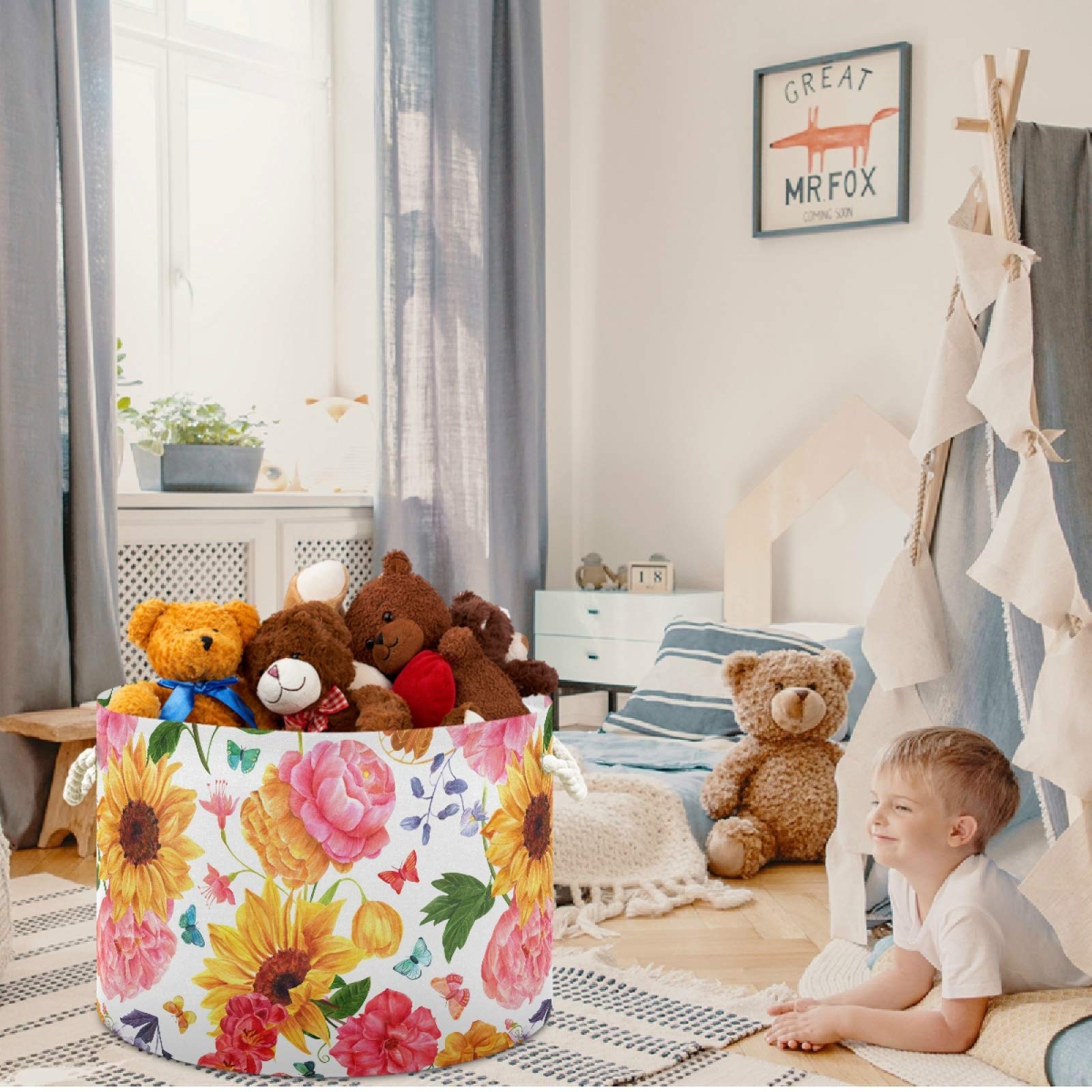 Visesunny Sunflower Pink Storage Basket sturdy handles for easy carrying
