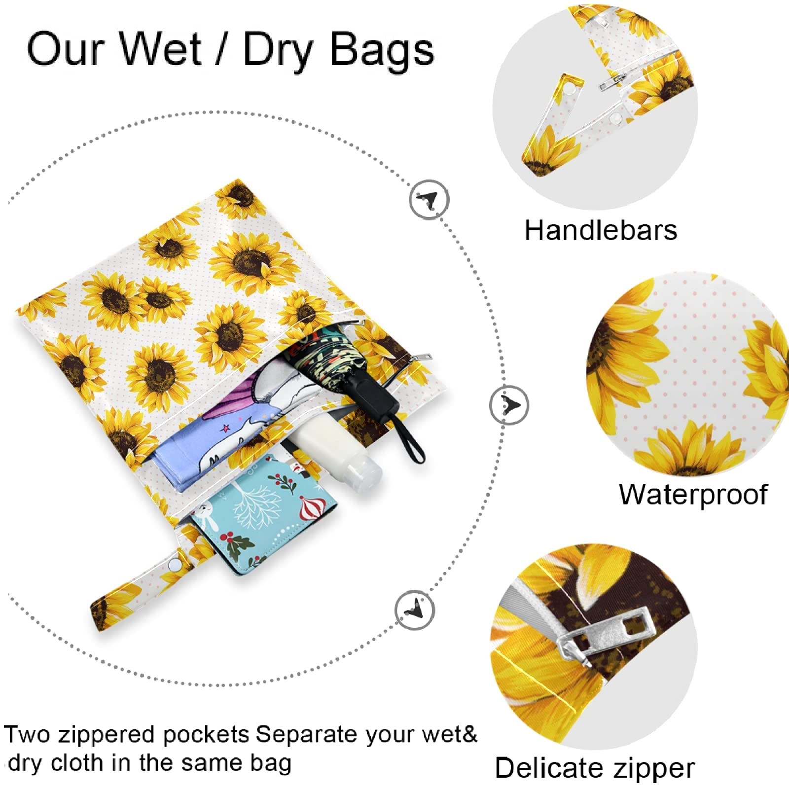 Visesunny wet bag with snap handle attaches to stroller for quick access.