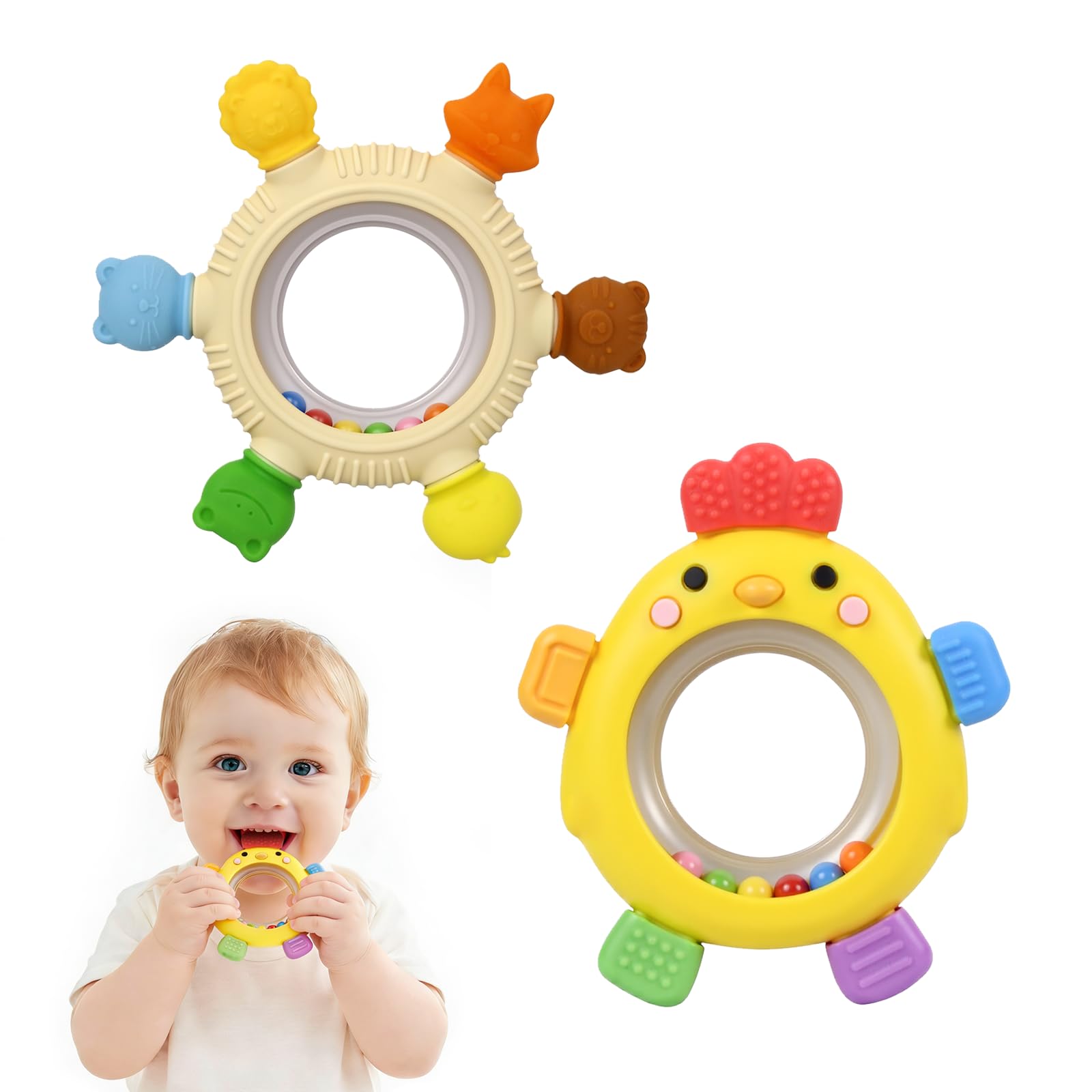 VISEWI baby teether ring textures ease sore gums during teething sessions.