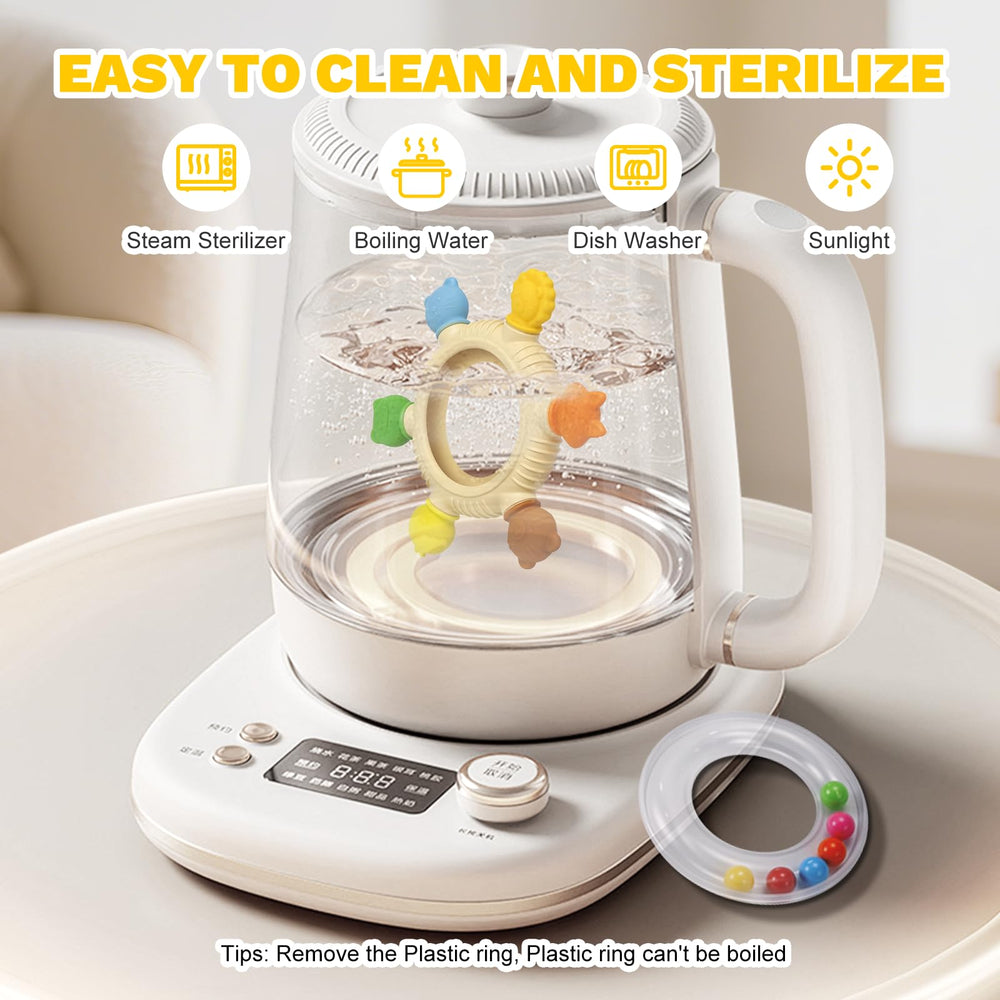 Safe BPA-free VISEWI rattle teether encourages sensory exploration.
