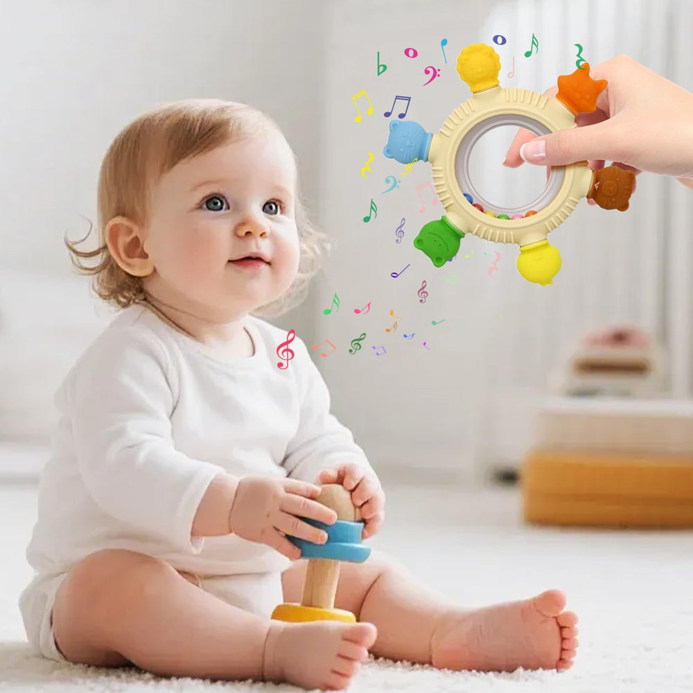 VISEWI silicone teether features raised ridges for gentle gum relief.