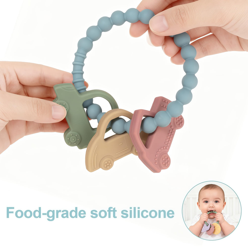 VISEWI teether fruit pattern closeup highlights playful design with sensory engagement.