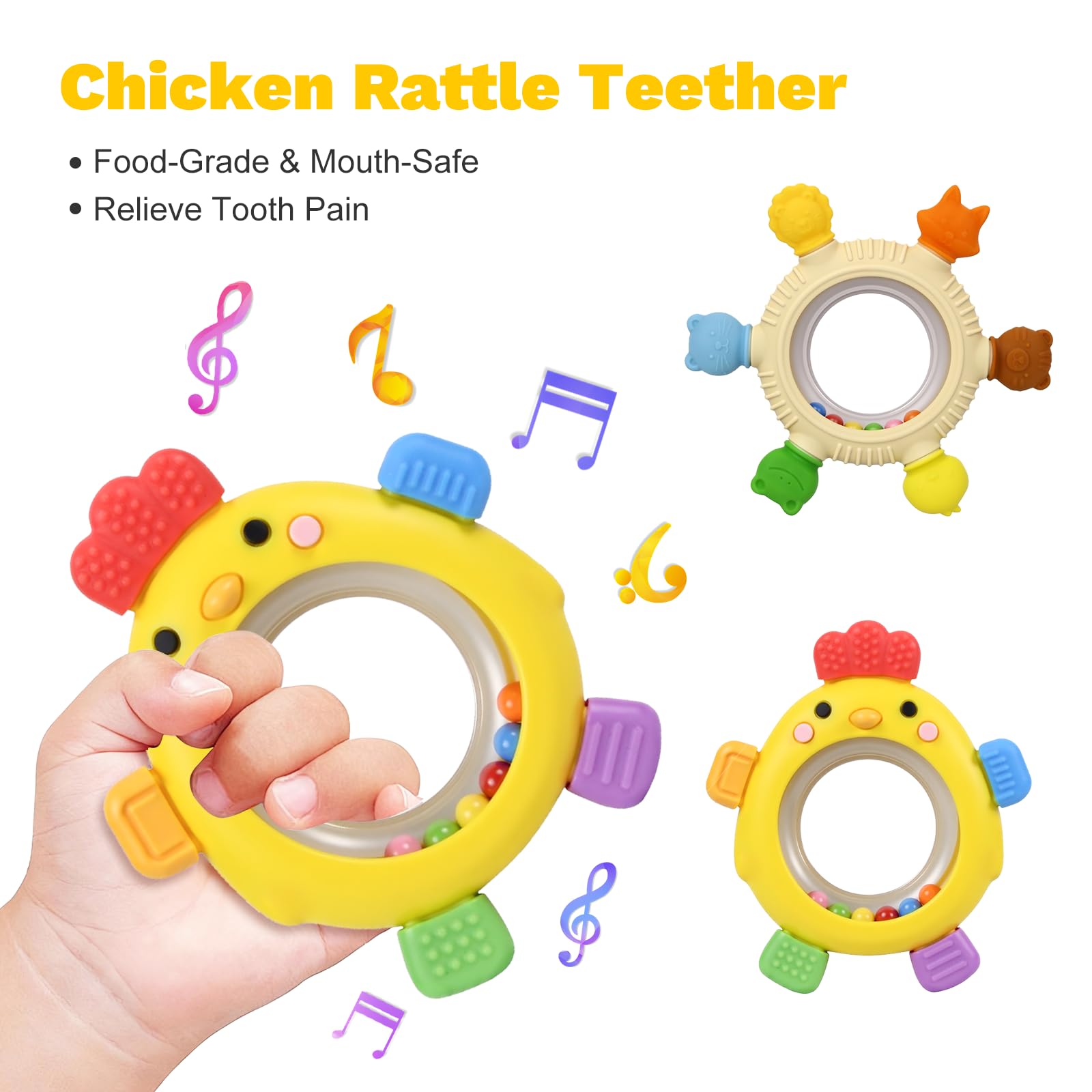 Colorful pellets inside VISEWI teether create engaging rattle sounds.