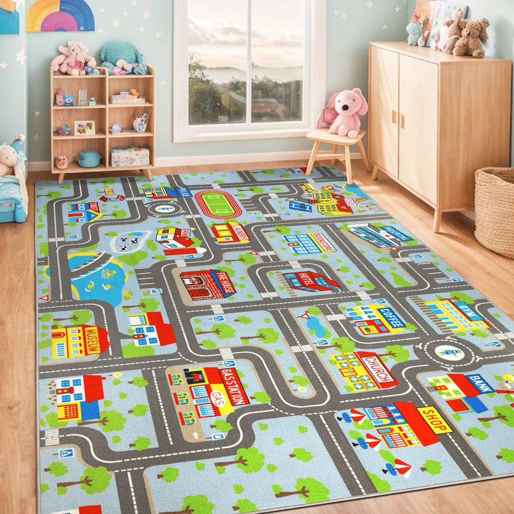 VSIWB city map playmat rug in sky blue for imaginative road trips.