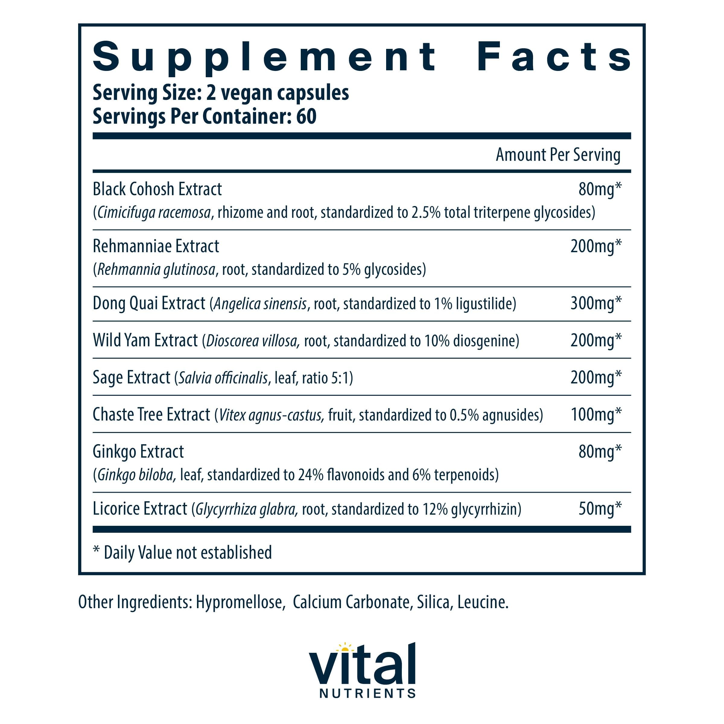 Vital Nutrients Menopause Support bottle back with purity and allergen-free claims