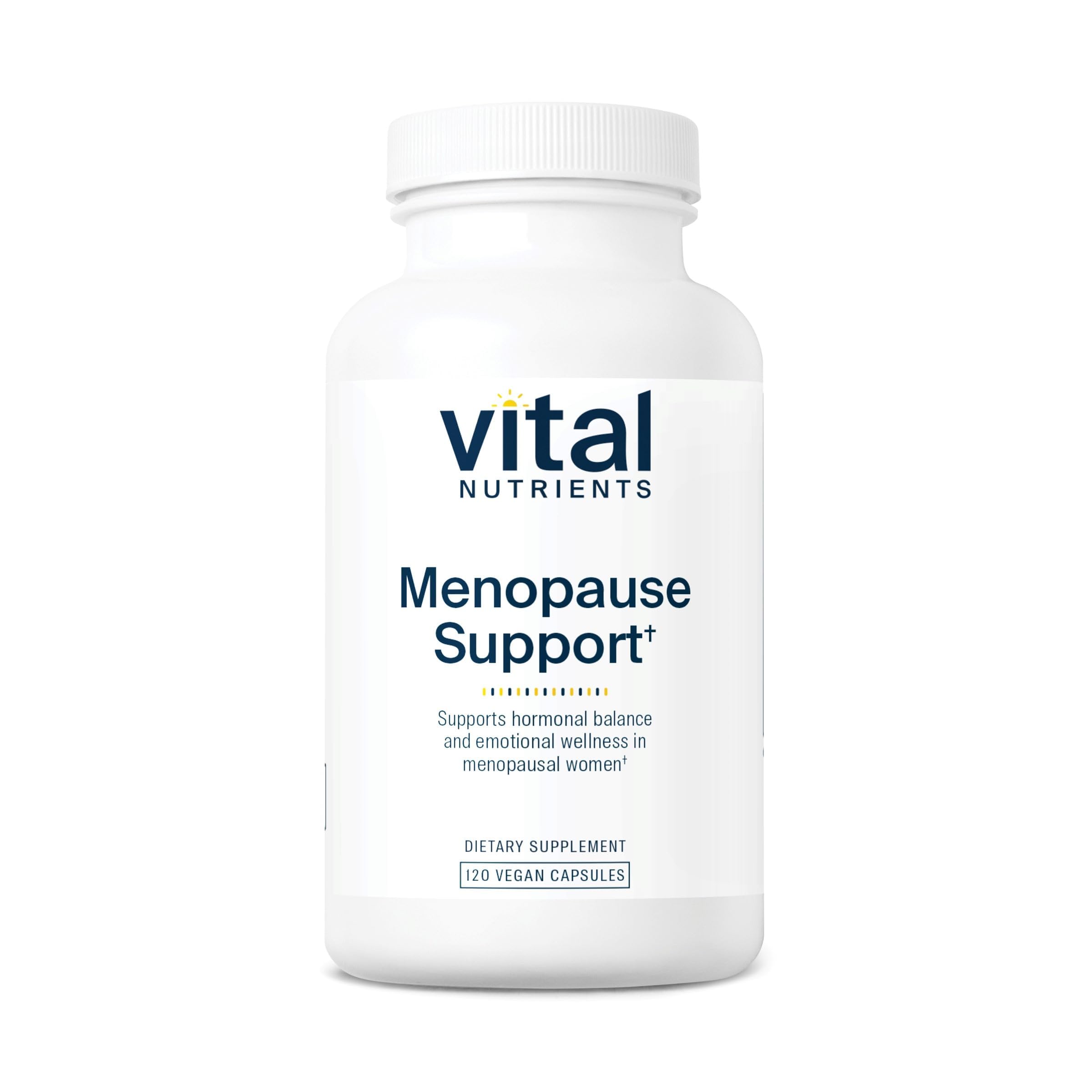 Vital Nutrients Menopause Support bottle front showing vegan herbal blend for balance