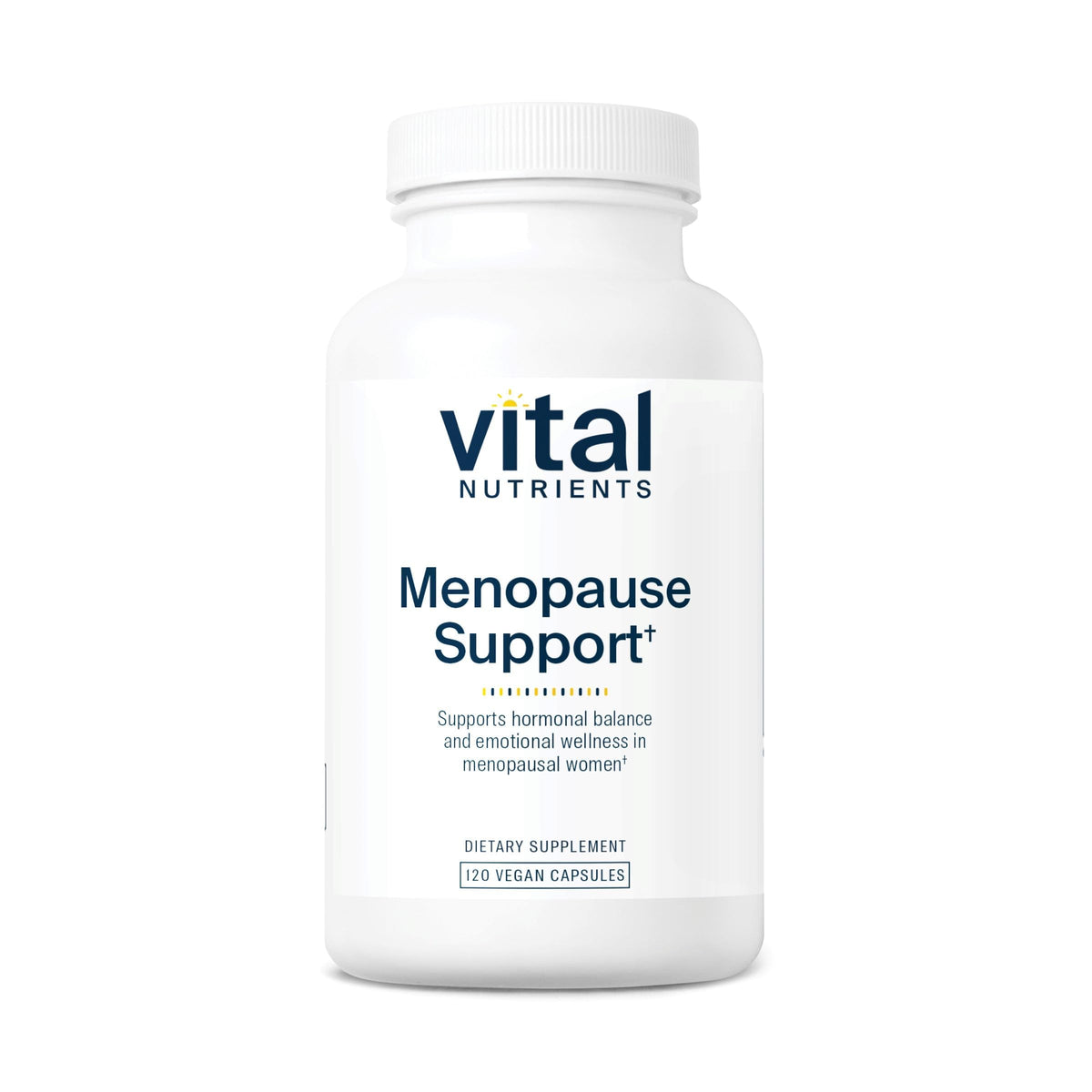 Vital Nutrients Menopause Support bottle front showing vegan herbal blend for balance