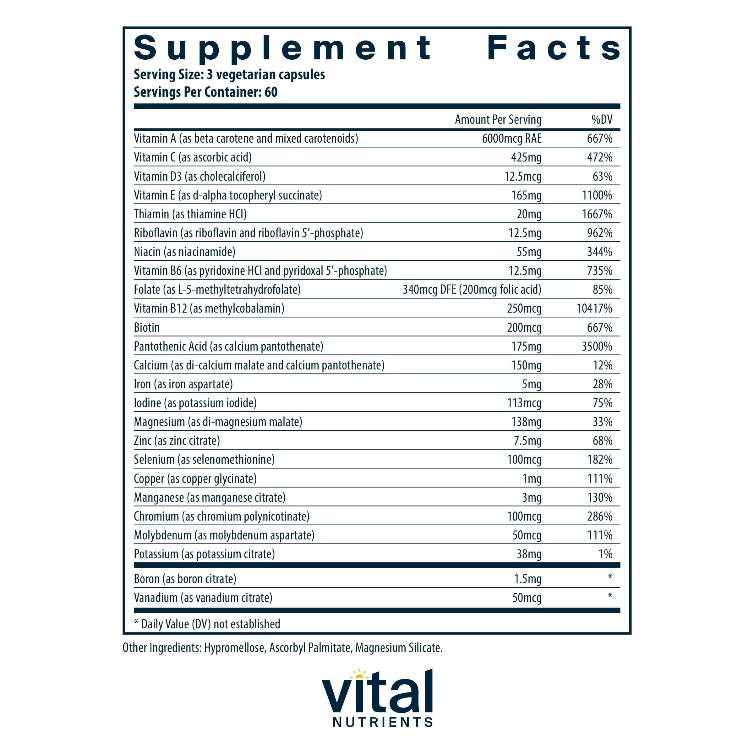 Vital Nutrients Multi-Nutrients 4 label close-up reveals methylated ingredients for enhanced absorption
