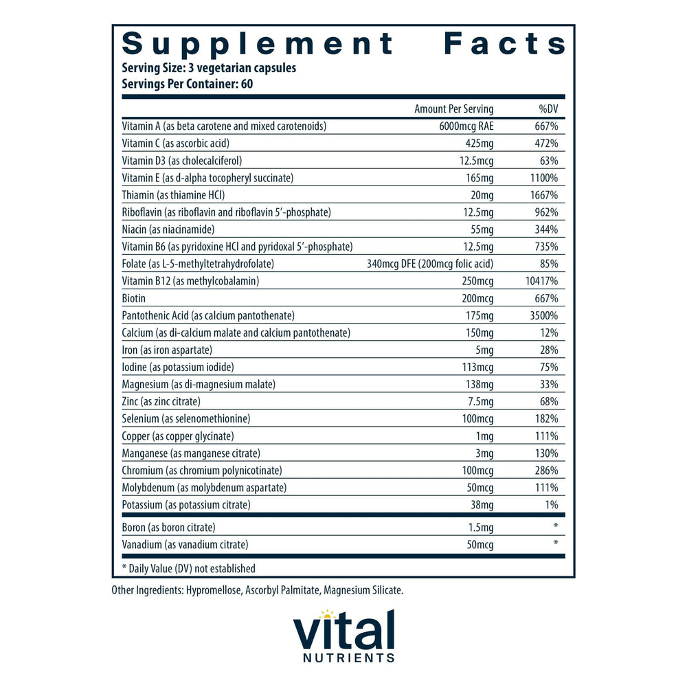 Vital Nutrients Multi-Nutrients 4 label close-up reveals methylated ingredients for enhanced absorption