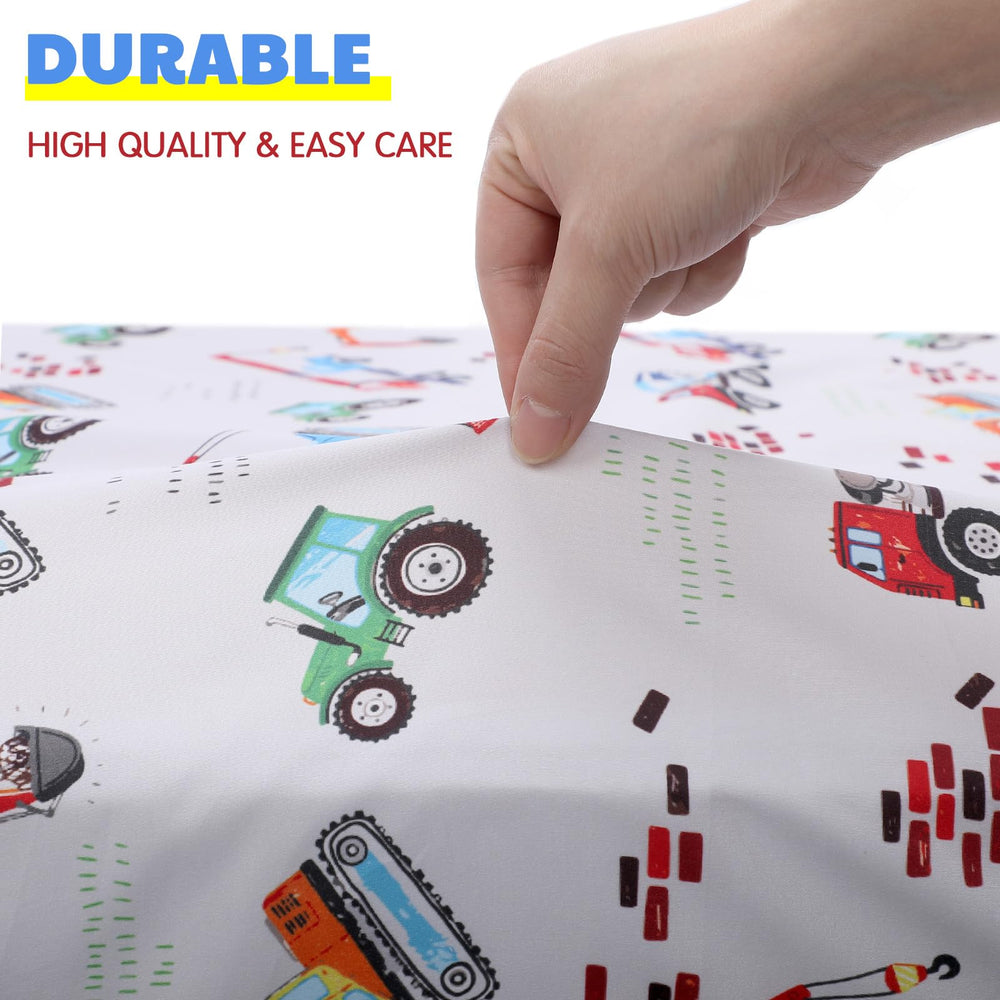 VitalCozy construction truck crib sheet fabric detail – gentle on baby's skin.