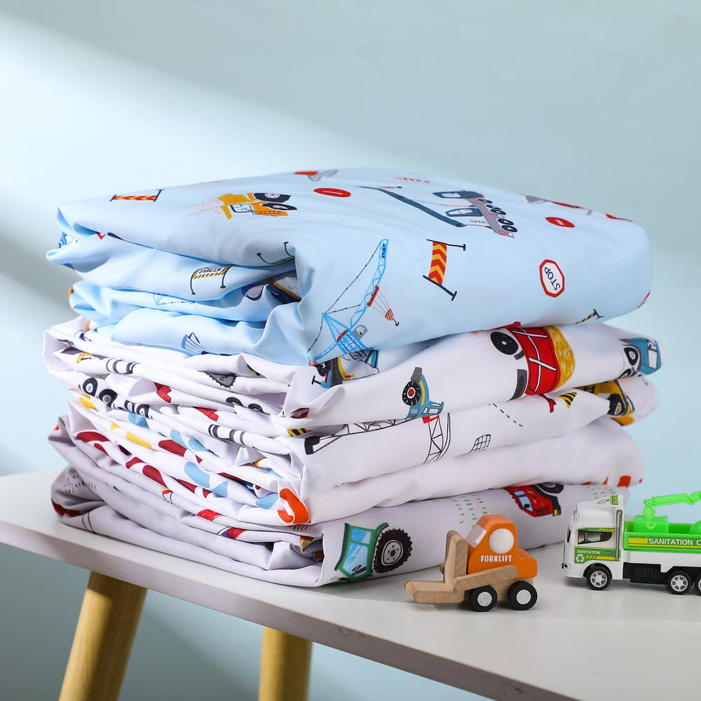 VitalCozy construction truck crib sheet care tag – machine washable and easy care.