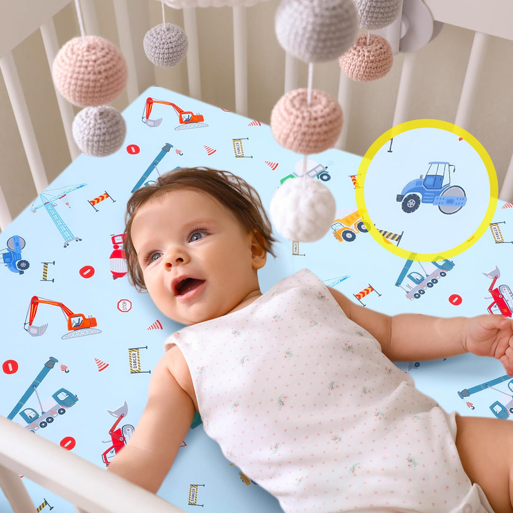 VitalCozy construction truck crib sheet nursery scene – practical and stylish in nursery.