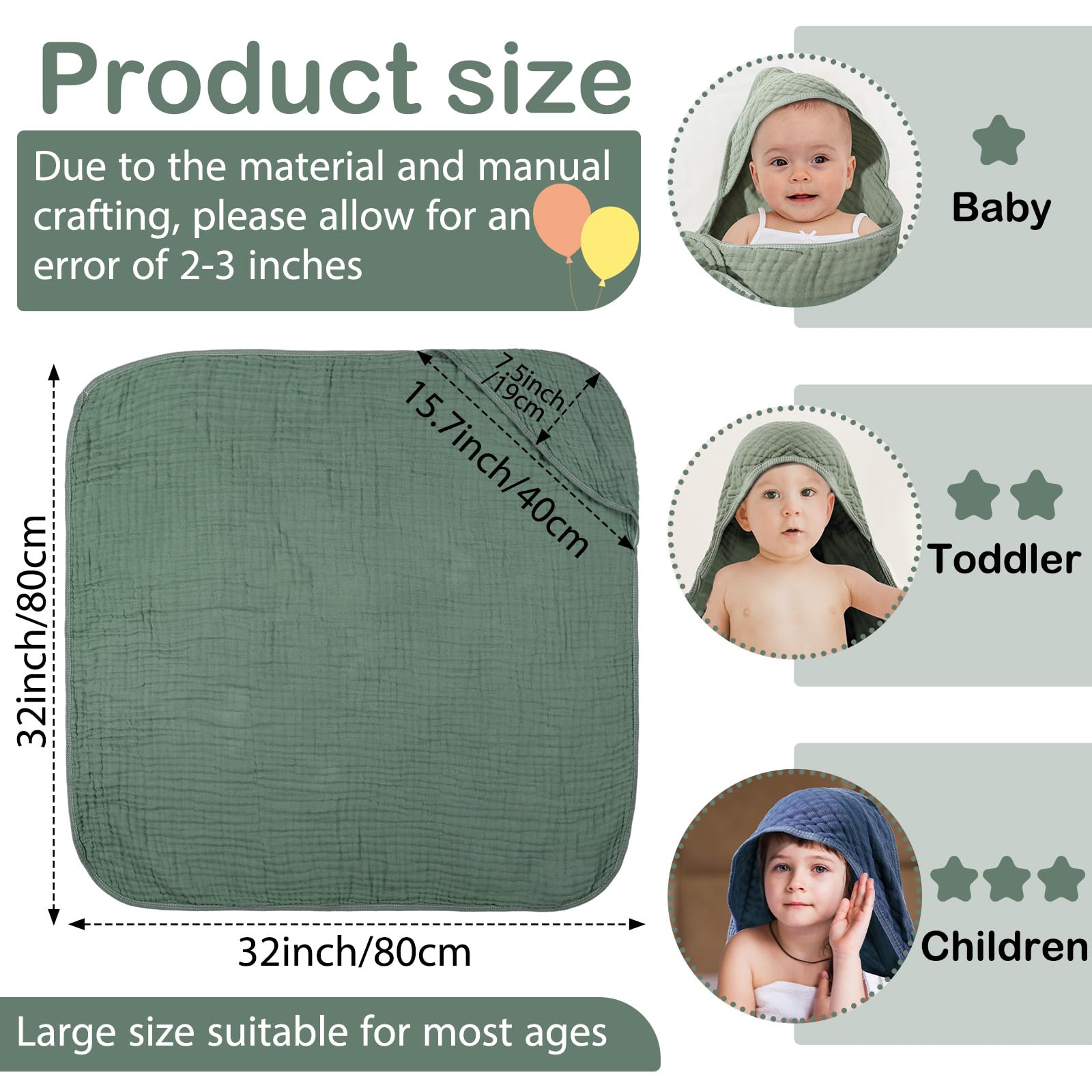VitalCozy hooded bath towel 32x32 blue for quick moisture absorption