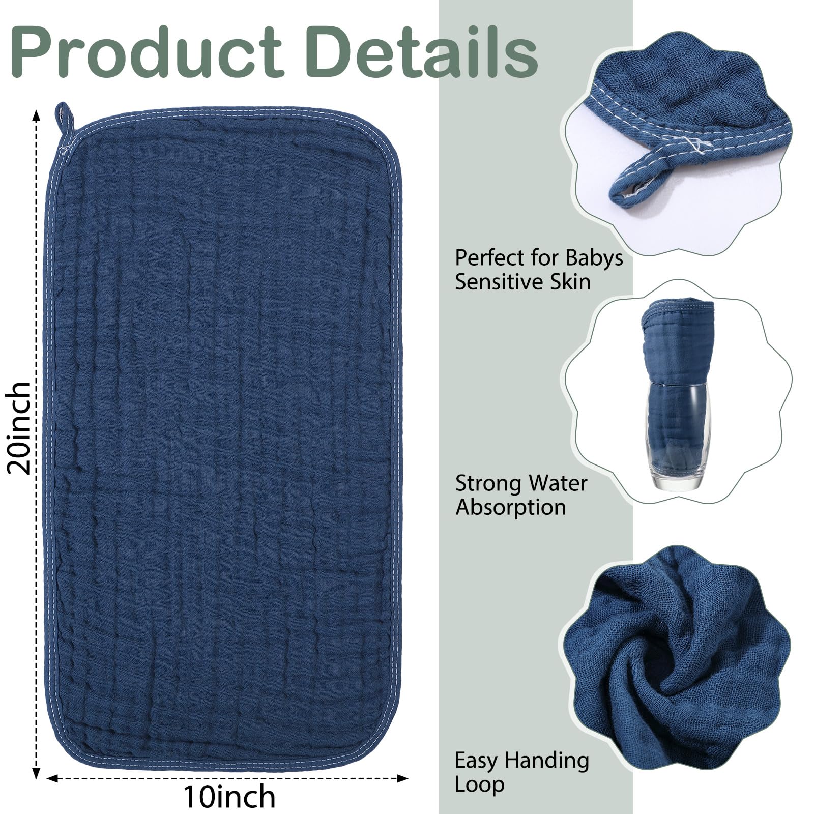 VitalCozy muslin washcloth 8x20 green for gentle cleaning