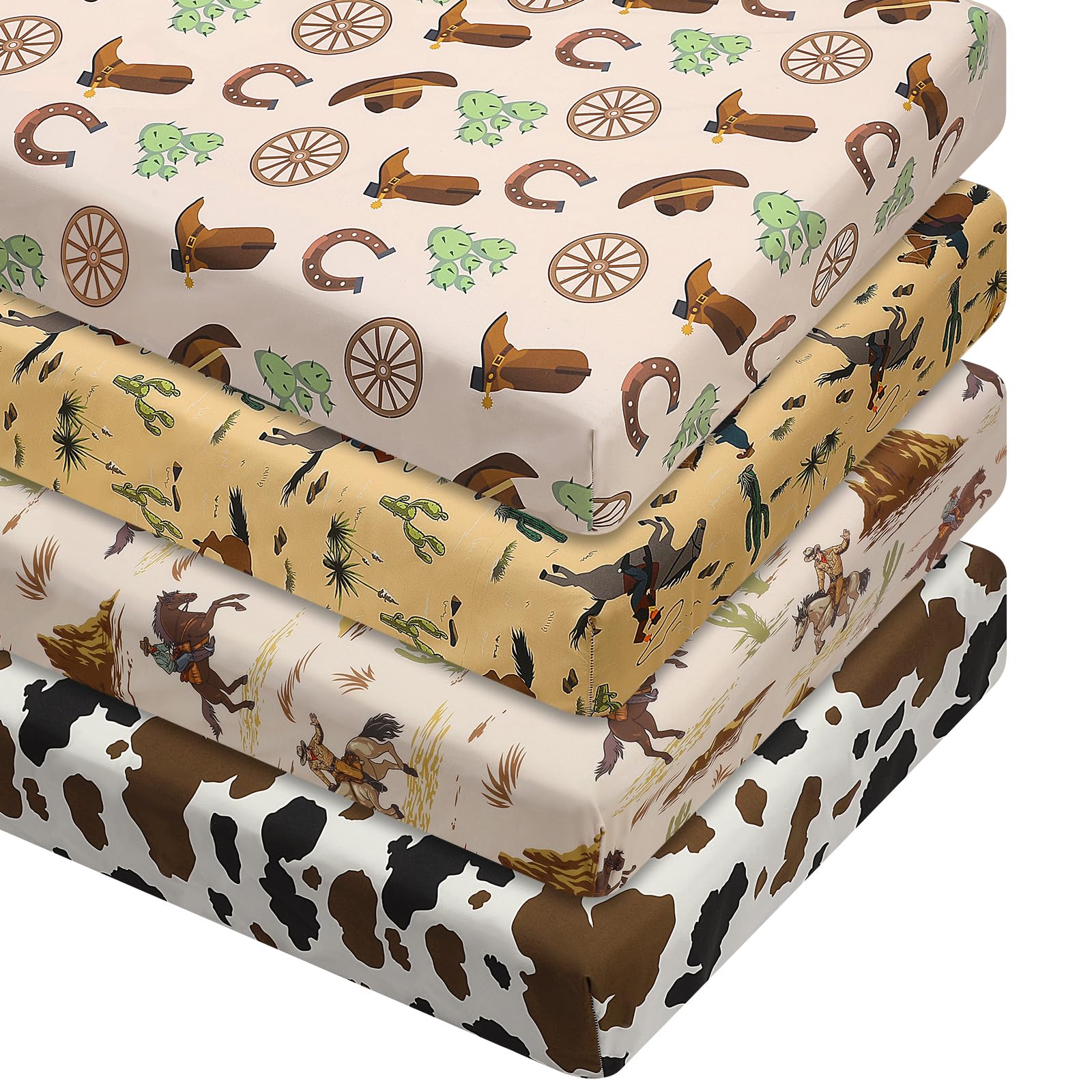 VitalCozy western cowboy crib sheet set folded, showcasing soft, durable polyester for comfy naps.