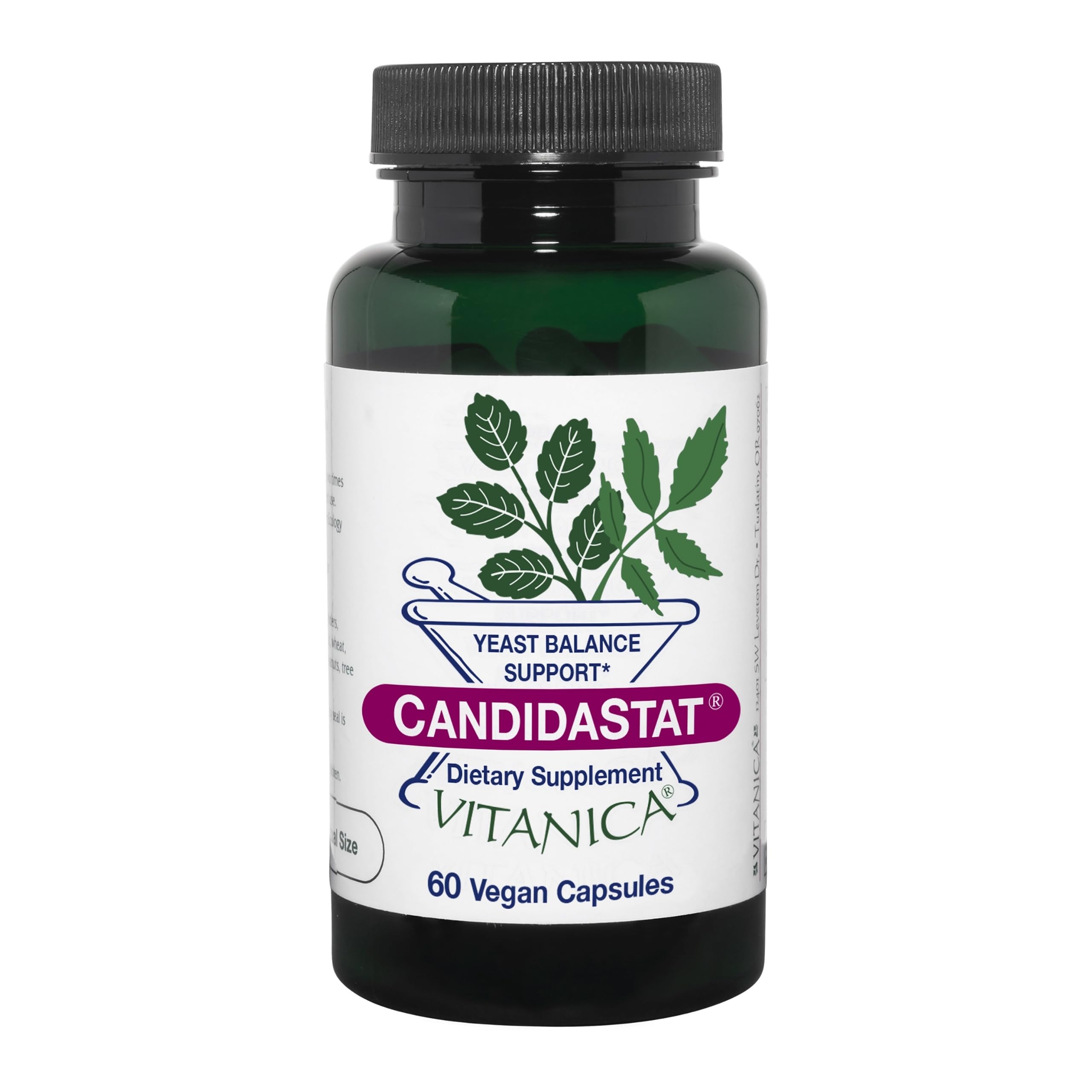 Vitanica Candidastat balance bottle pour supports easy daily use toward balanced wellness.