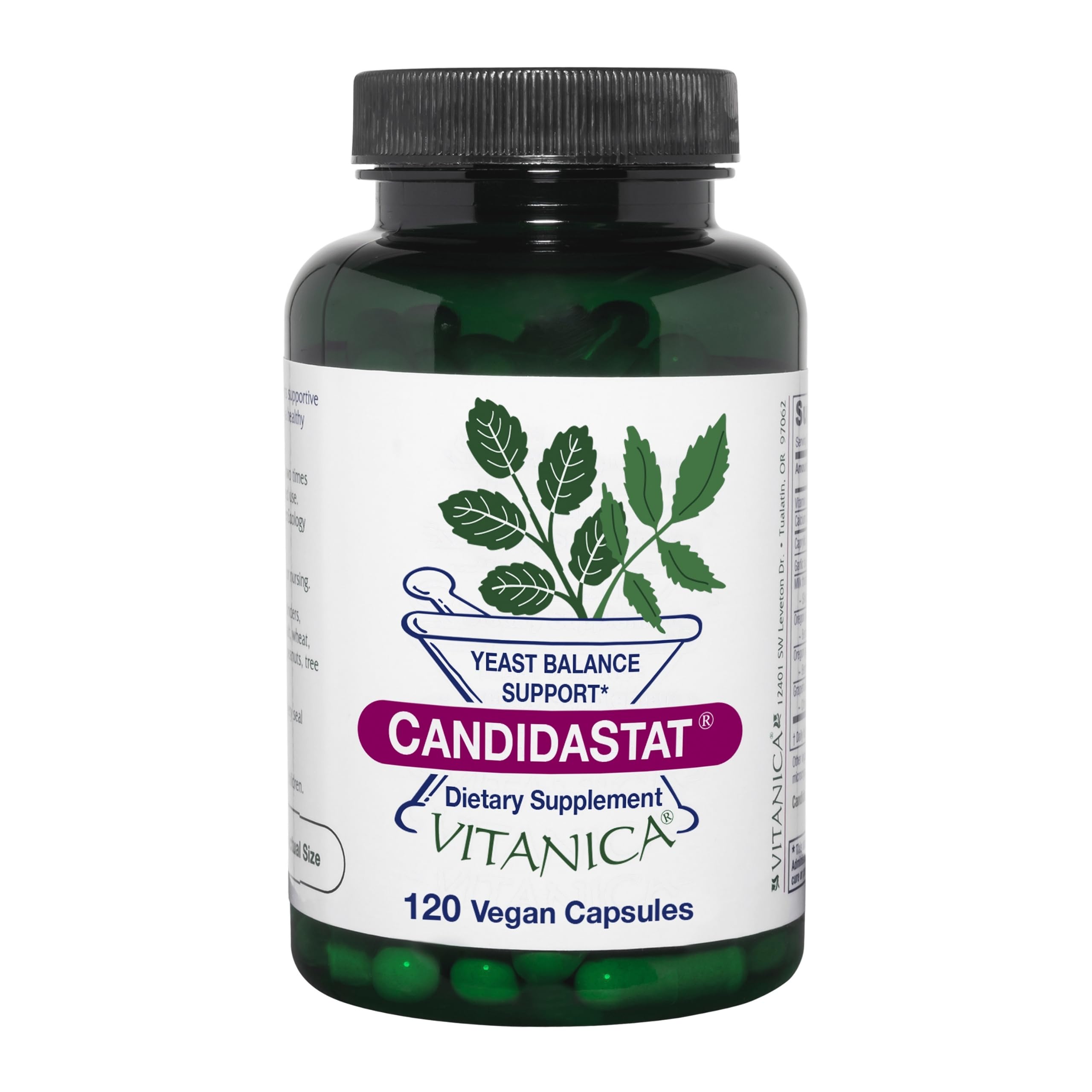 Vitanica Candidastat bottle label promoting yeast balance support.