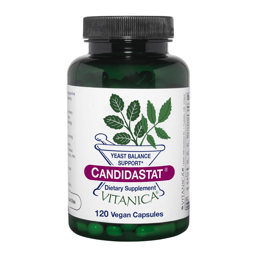 Vitanica Candidastat bottle label promoting yeast balance support.