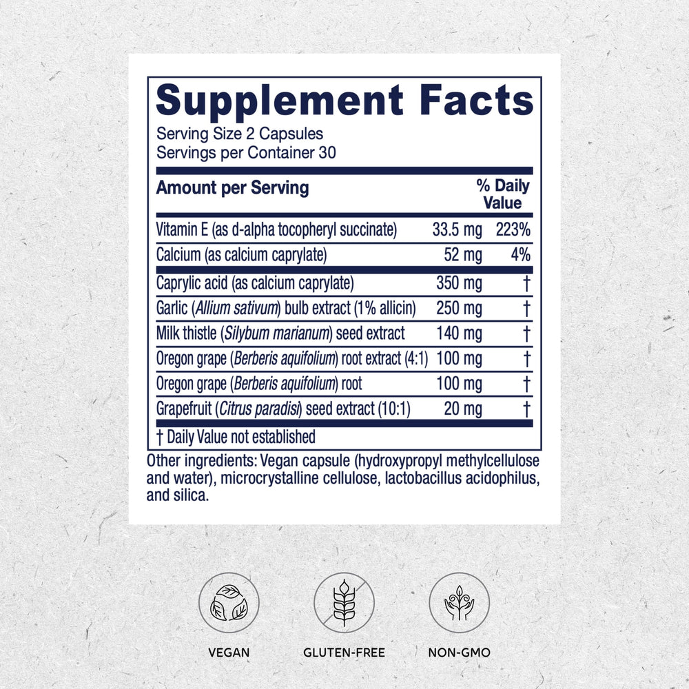 Vitanica Candidastat capsules closeup highlights vegan formula for plant-based support.