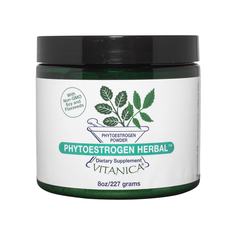 Vitanica PhytoEstrogen powder bottle showing non-GMO soy isoflavones for menopause support