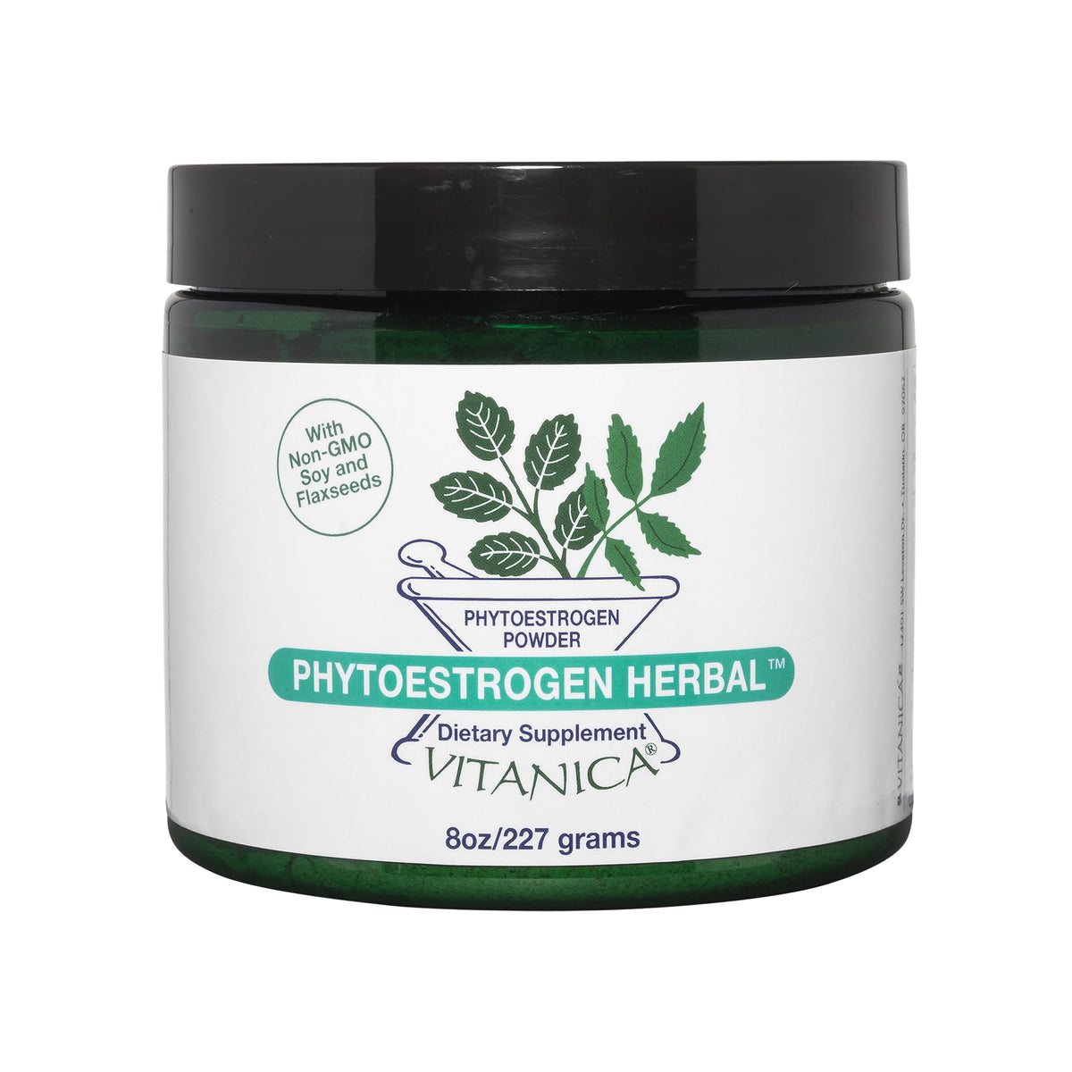 Vitanica PhytoEstrogen powder bottle showing non-GMO soy isoflavones for menopause support