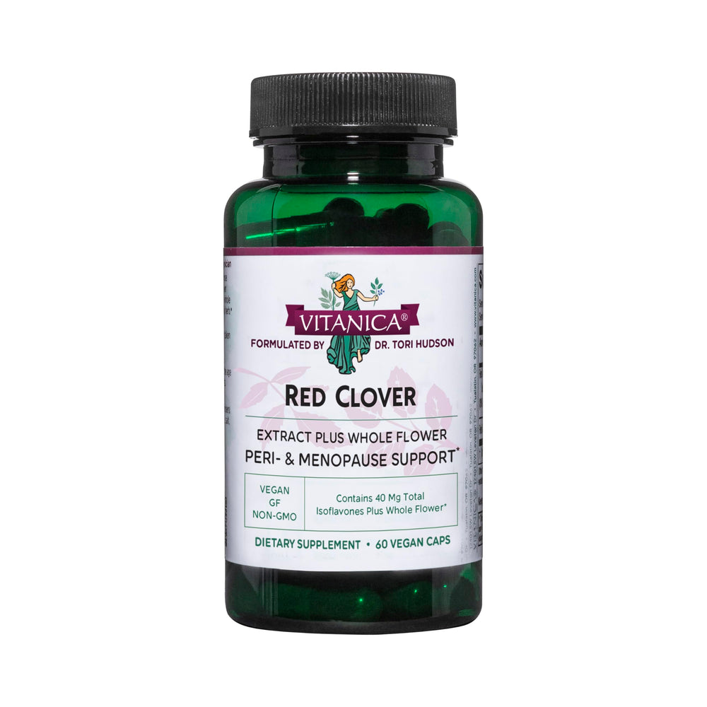 Vitanica red clover extract bottle front for menopause support potential.
