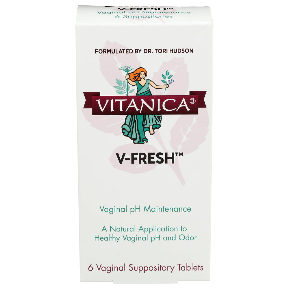 Vitanica V-Fresh box front promoting vaginal pH support