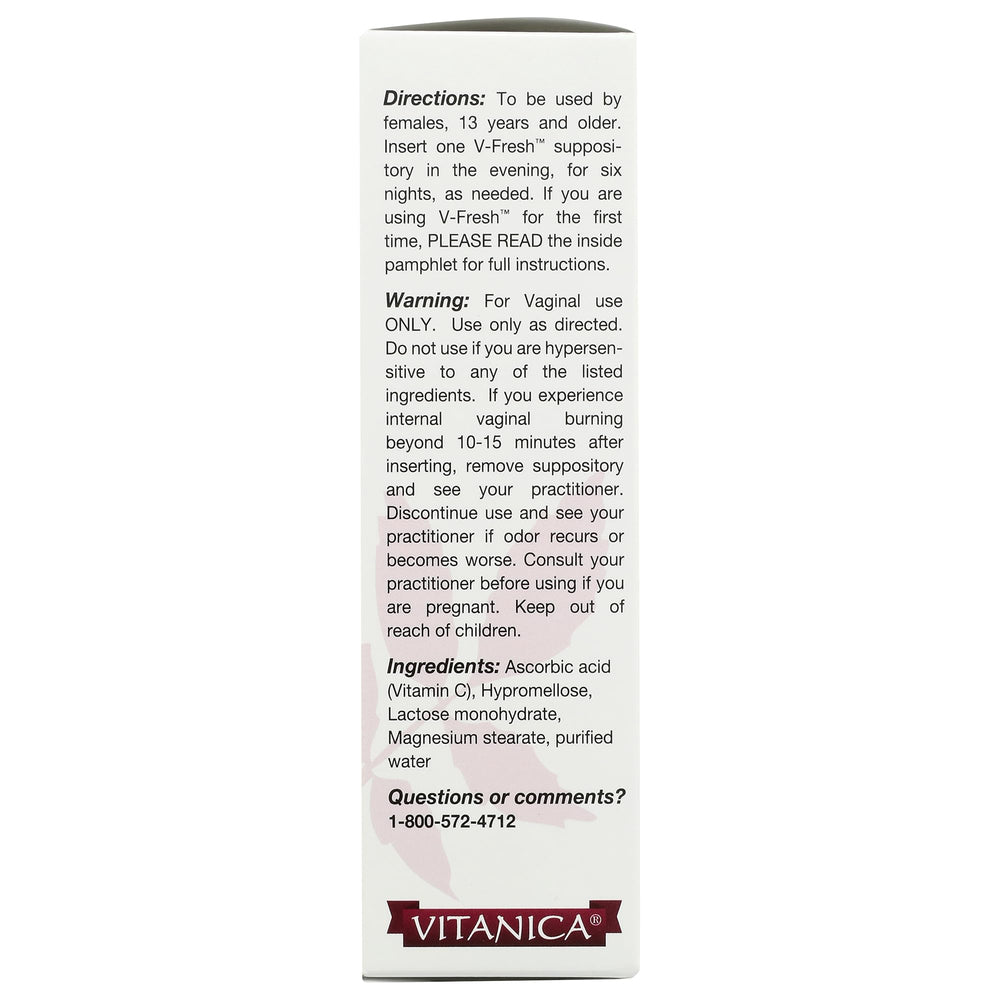 Vitanica V-Fresh suppositories pack with six units for pH balance
