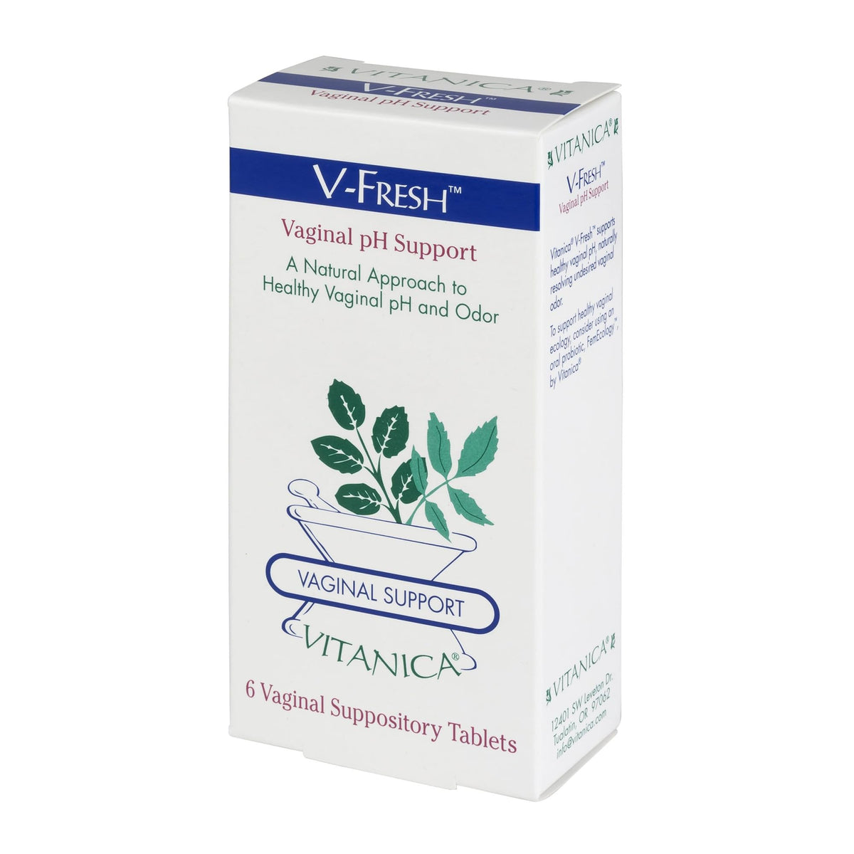Vitanica V-Fresh suppositories pack for vaginal pH support.