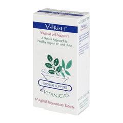Vitanica V-Fresh suppositories pack for vaginal pH support.