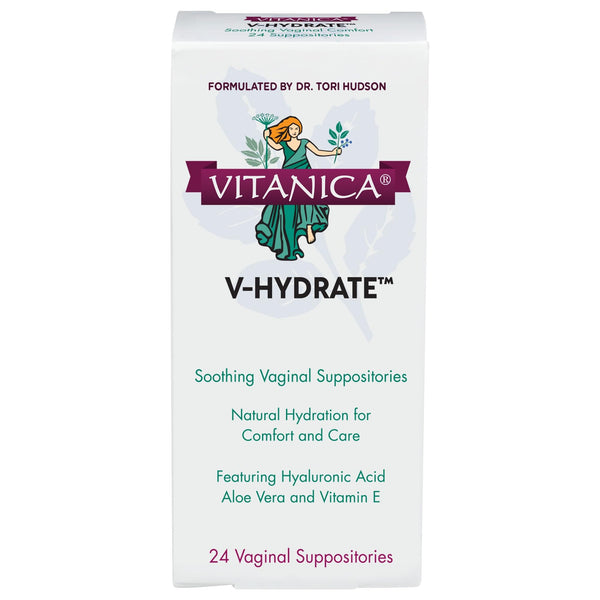 Vitanica V-Hydrate suppositories 24-count for vaginal hydration and comfort.
