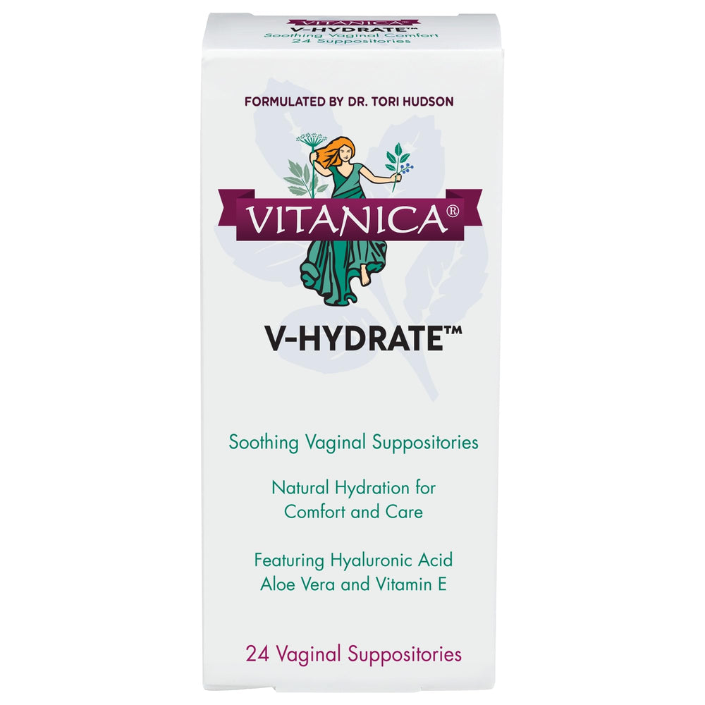 Vitanica V-Hydrate suppositories 24-count for vaginal hydration and comfort.