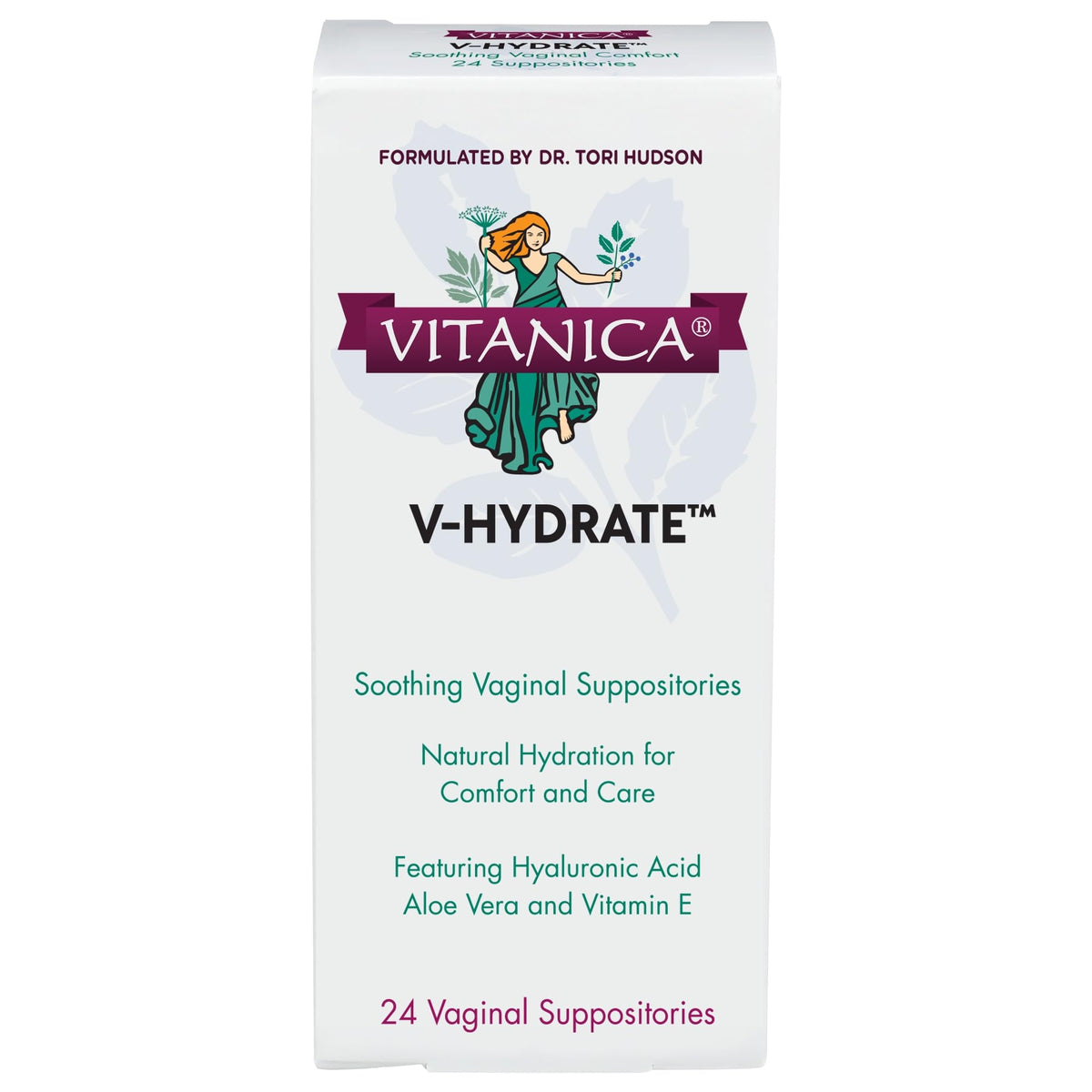 Vitanica V-Hydrate suppositories 24-count for vaginal hydration and comfort.