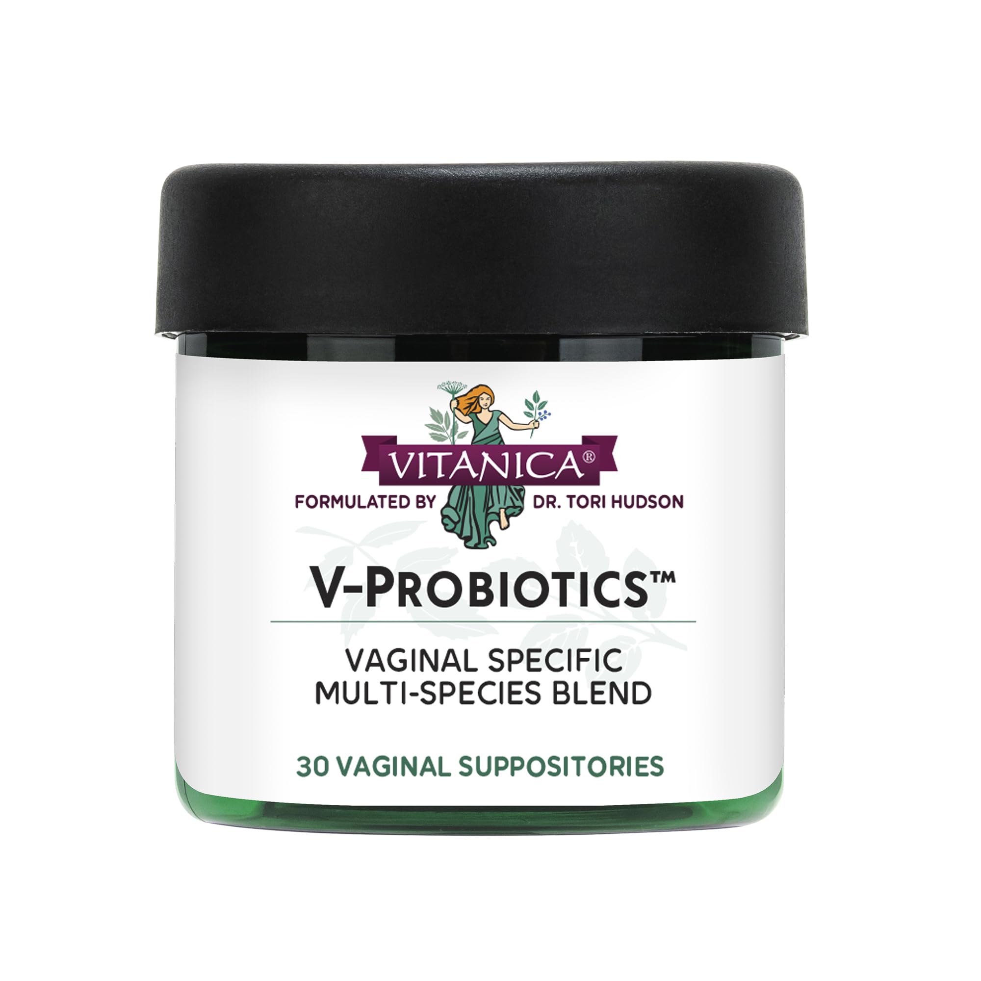 Vitanica V-Probiotics bottle for daily vaginal balance and wellness.