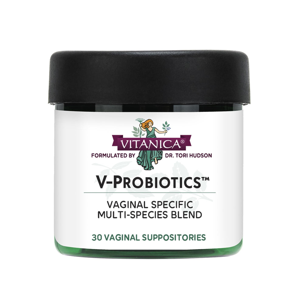 Vitanica V-Probiotics bottle for daily vaginal balance and wellness.