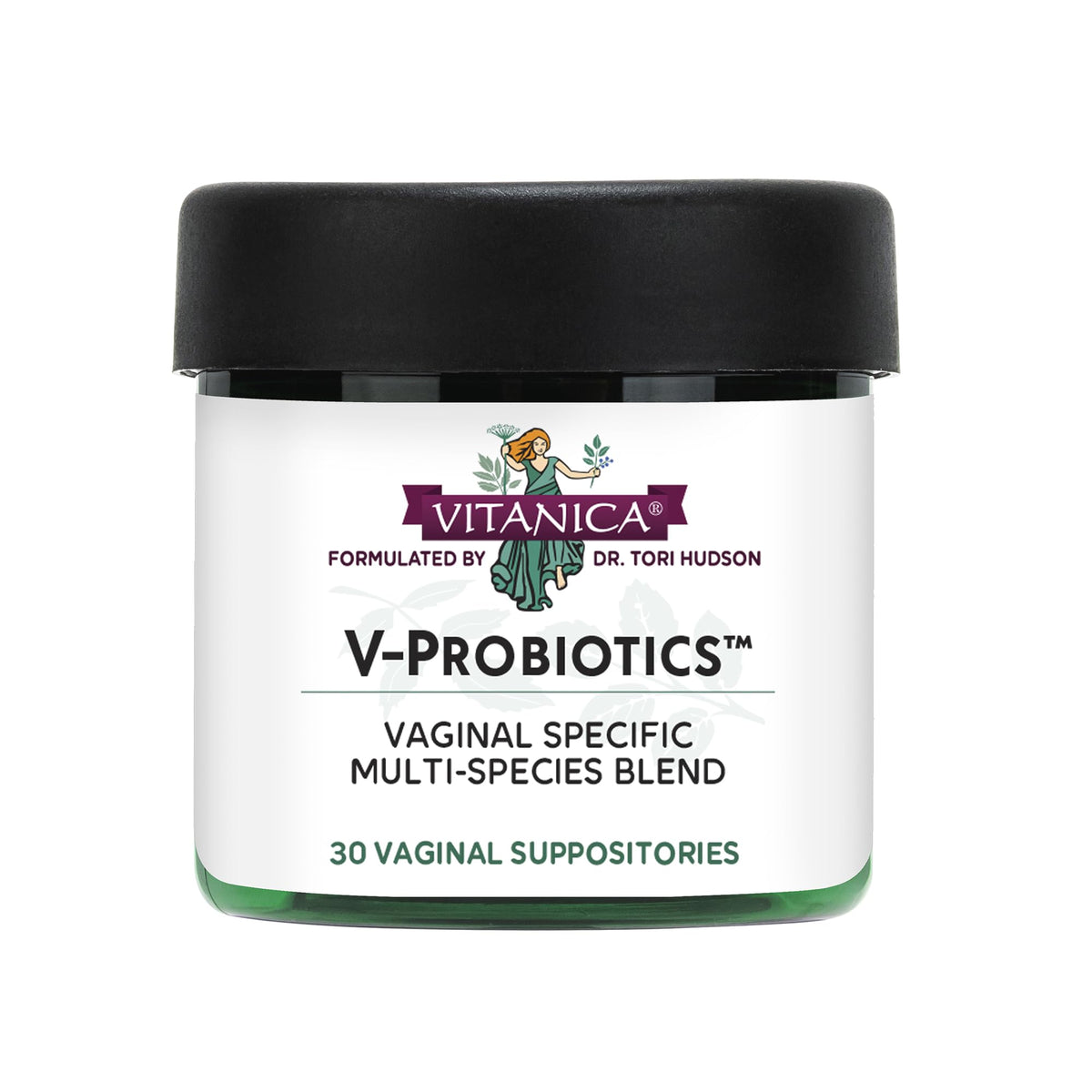 Vitanica V-Probiotics bottle for daily vaginal balance and wellness.