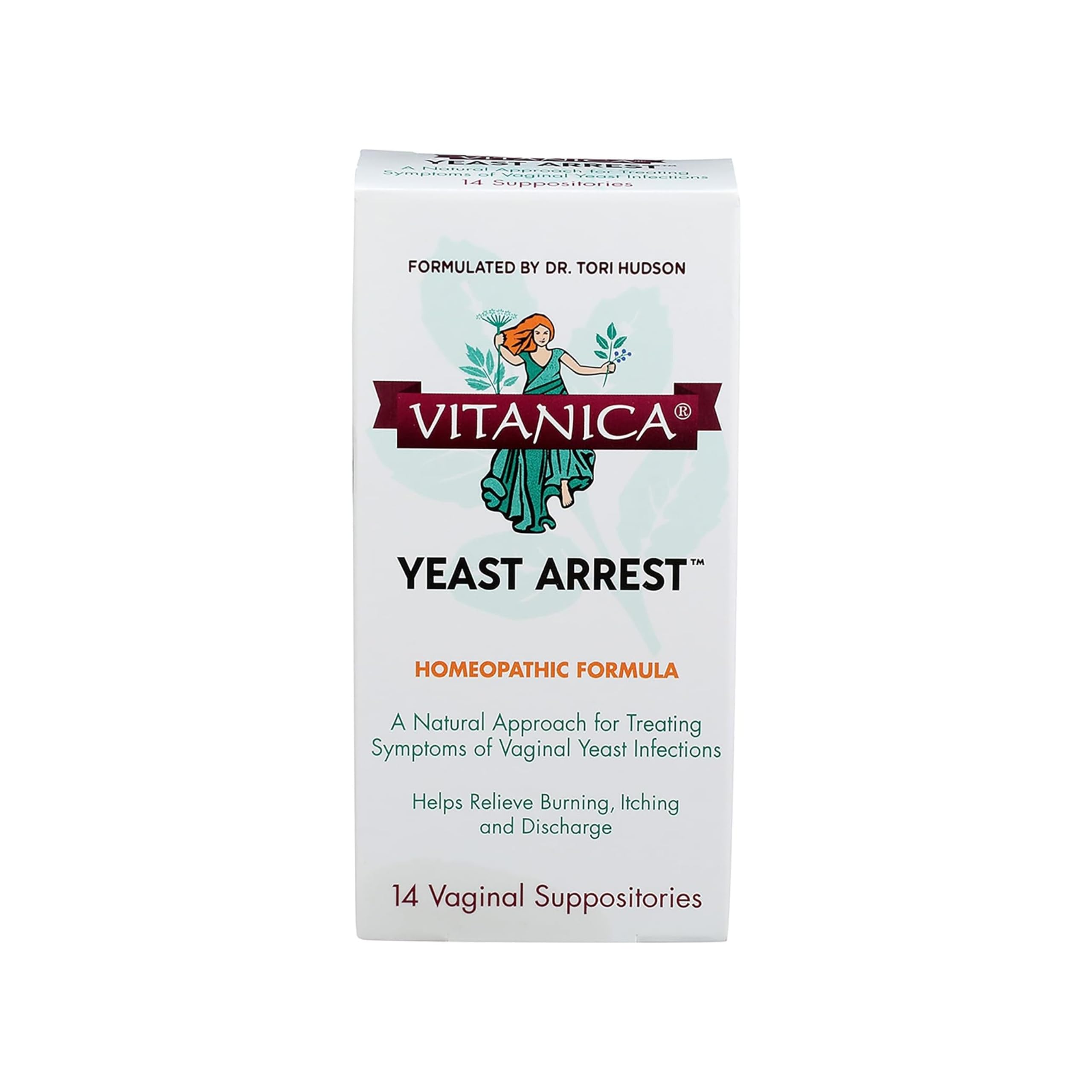 Vitanica Yeast Arrest box front shows vegan homeopathic formula for vaginal comfort