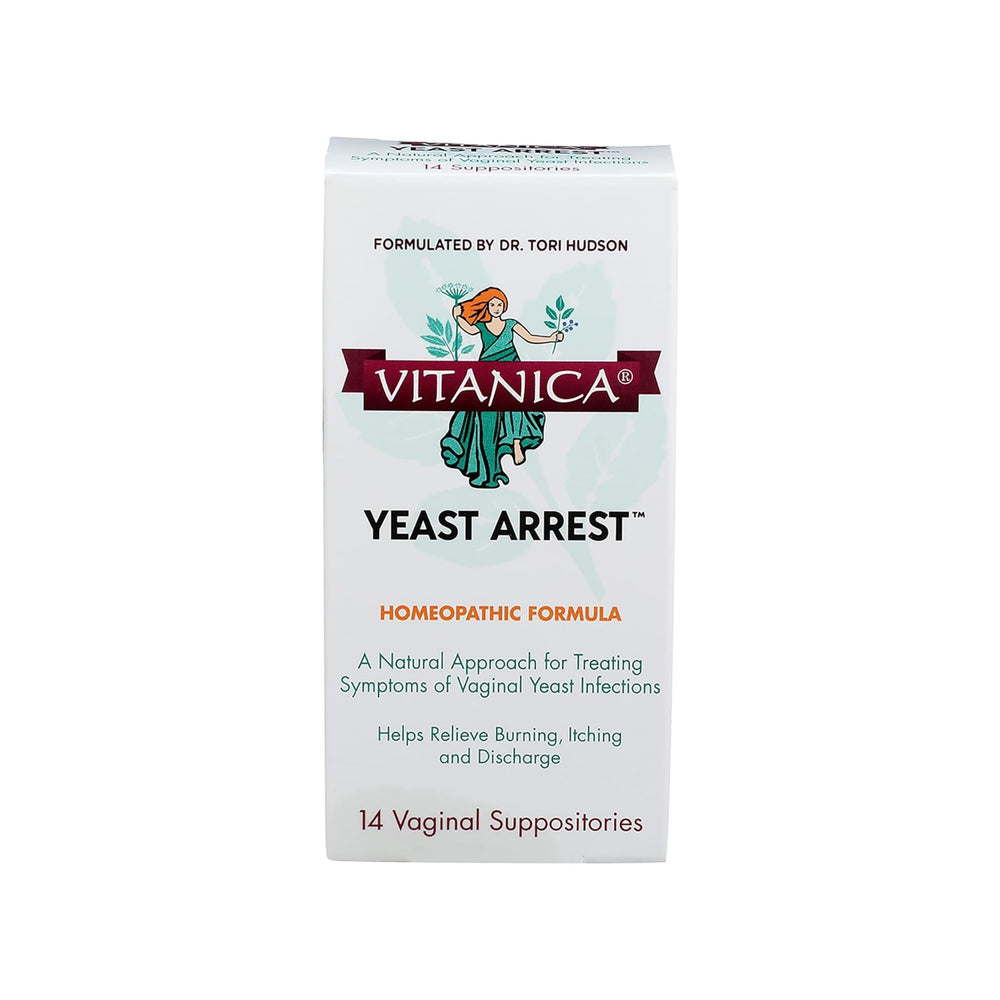 Vitanica Yeast Arrest box front shows vegan homeopathic formula for vaginal comfort