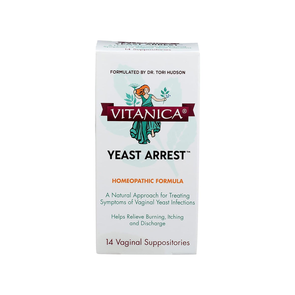 Vitanica Yeast Arrest box front shows vegan homeopathic formula for vaginal comfort